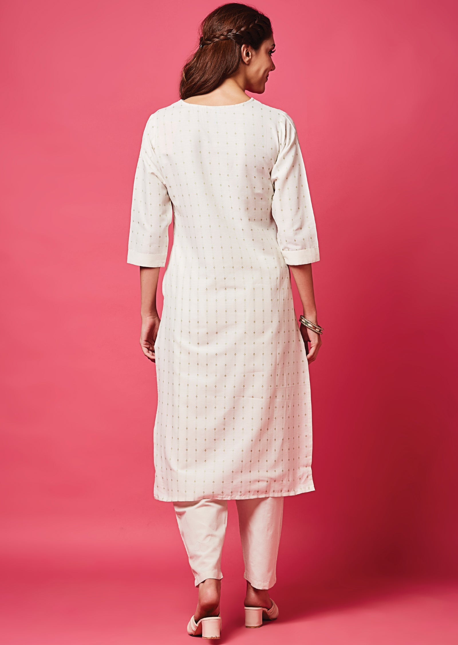 Off White Cotton Straight Cut Kurti Set
