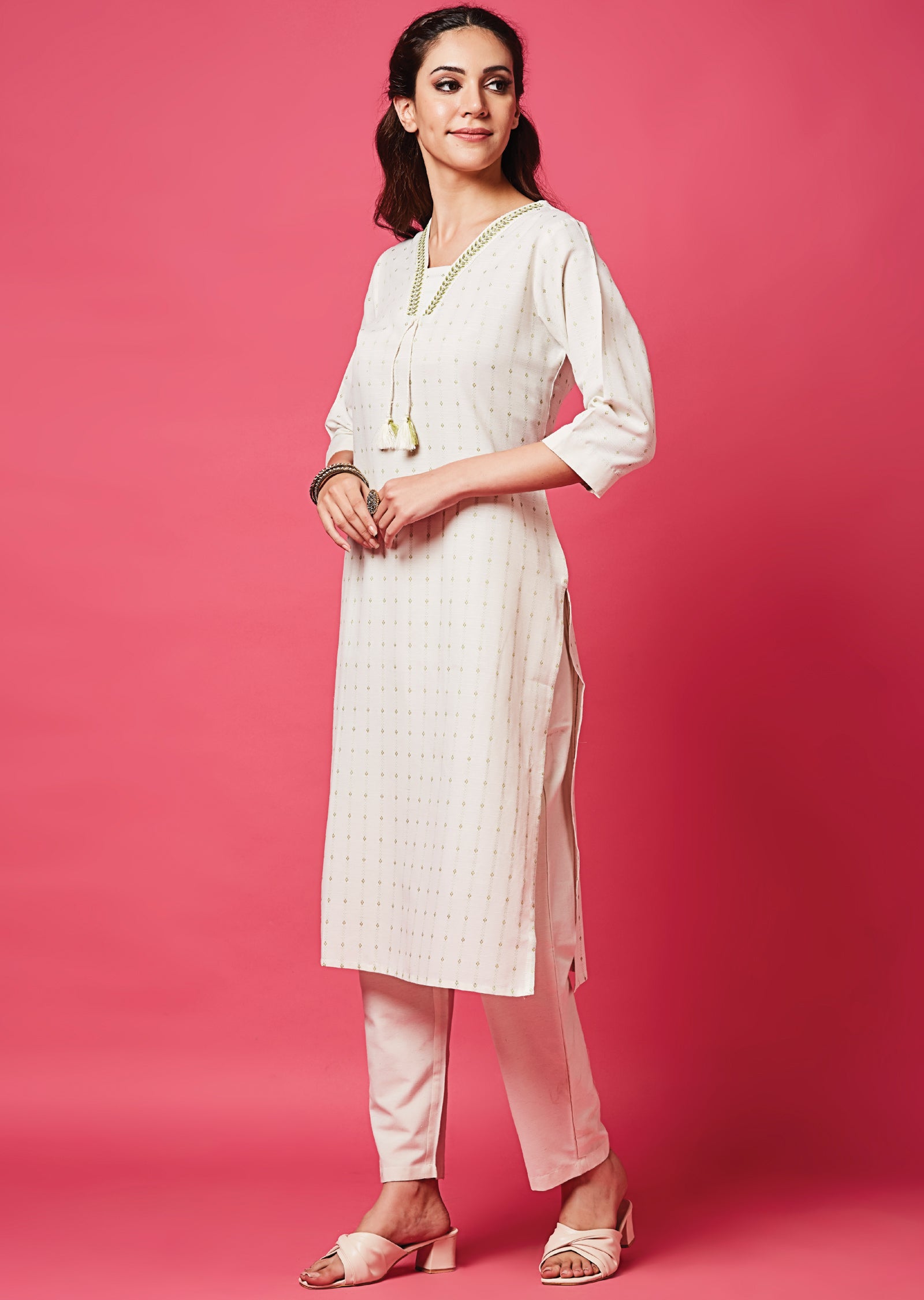 Off White Cotton Straight Cut Kurti Set
