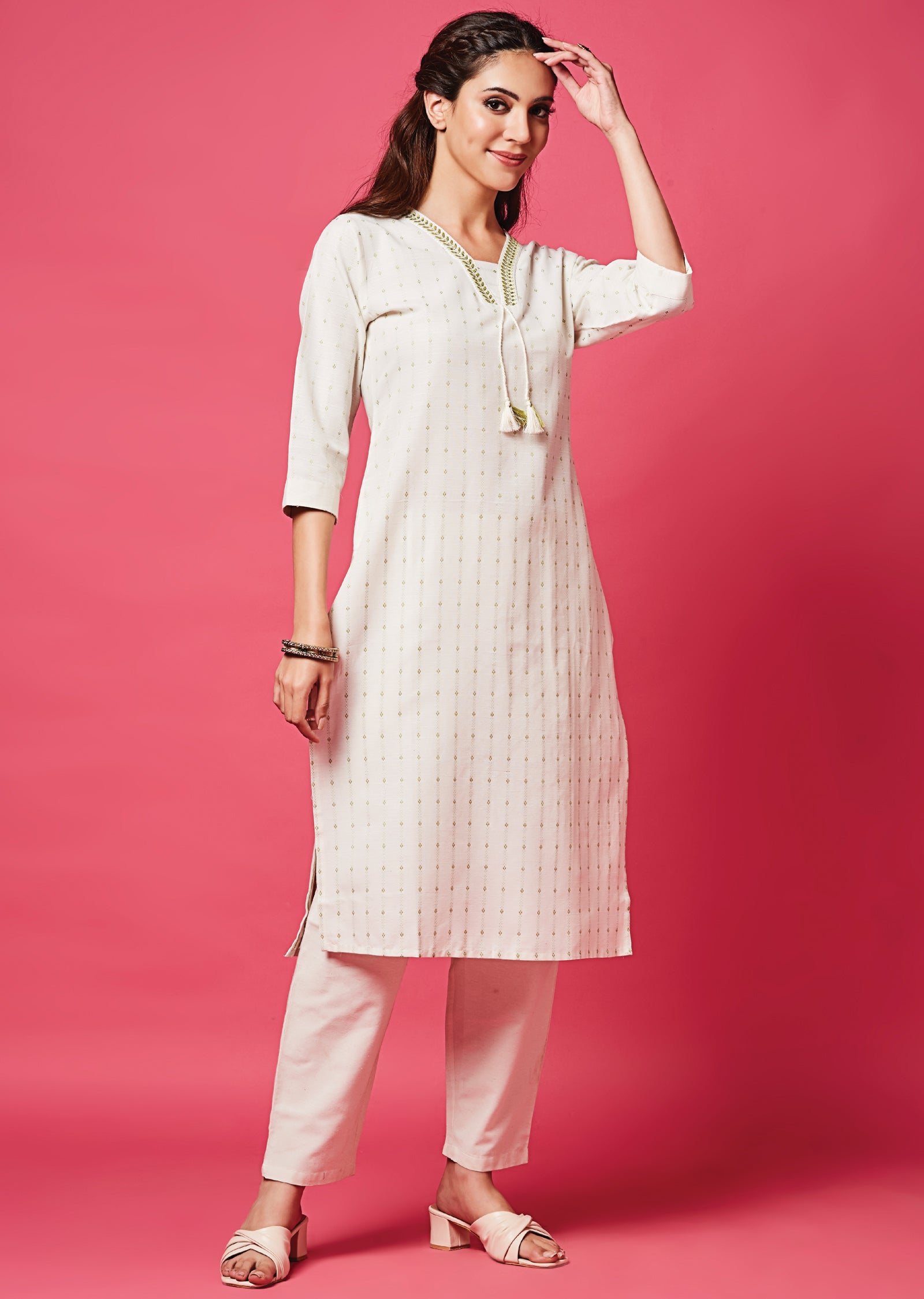 Off White Cotton Straight Cut Kurti Set