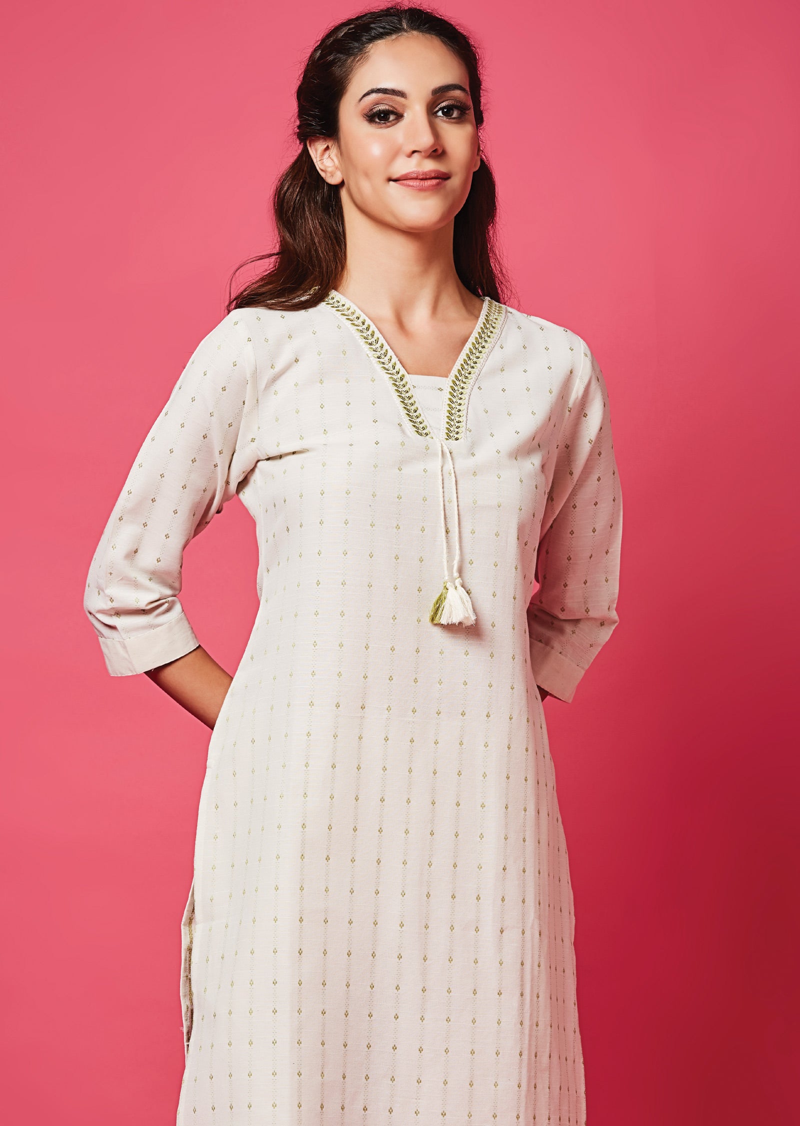 Off White Cotton Straight Cut Kurti Set