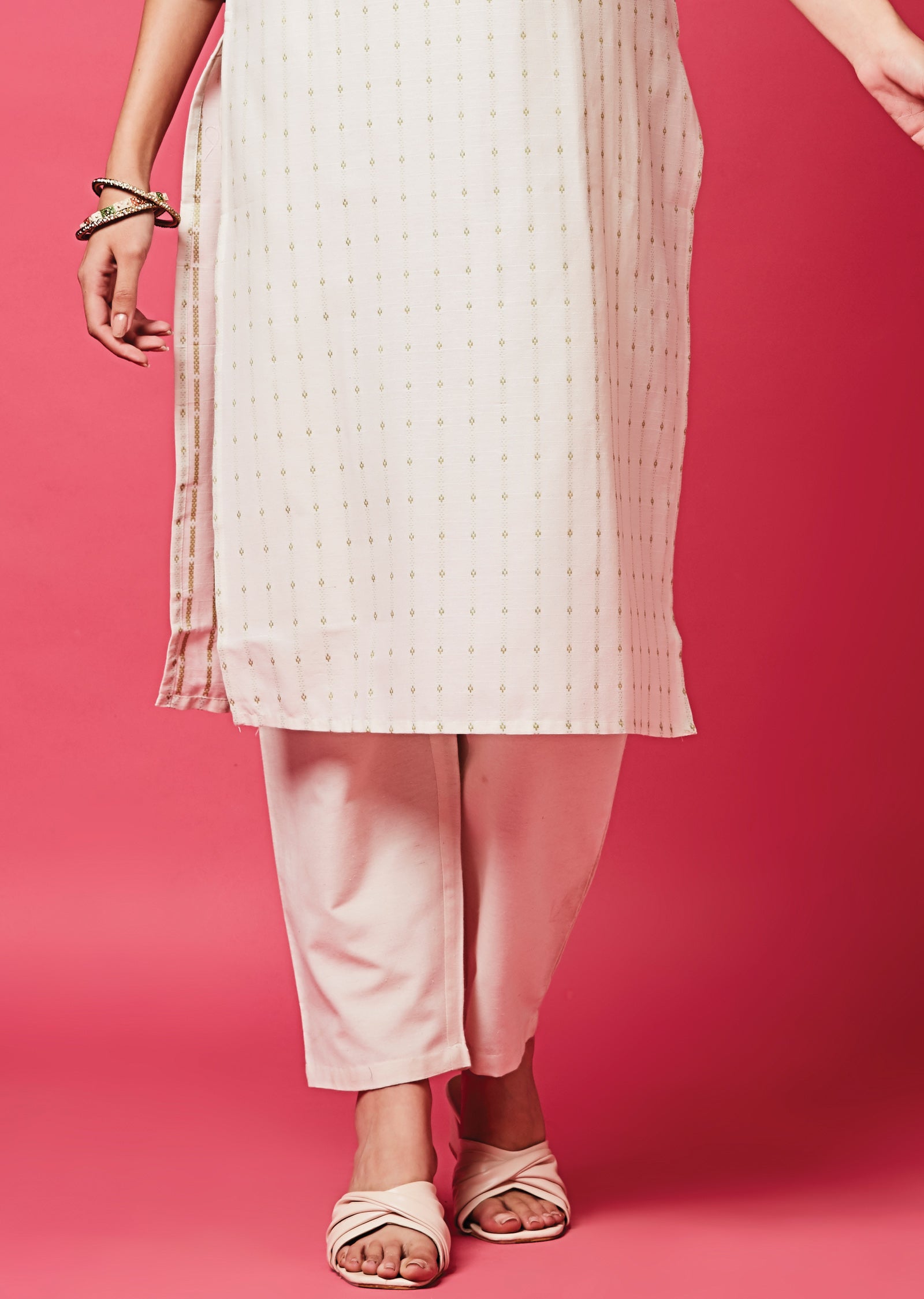 Off White Cotton Straight Cut Kurti Set