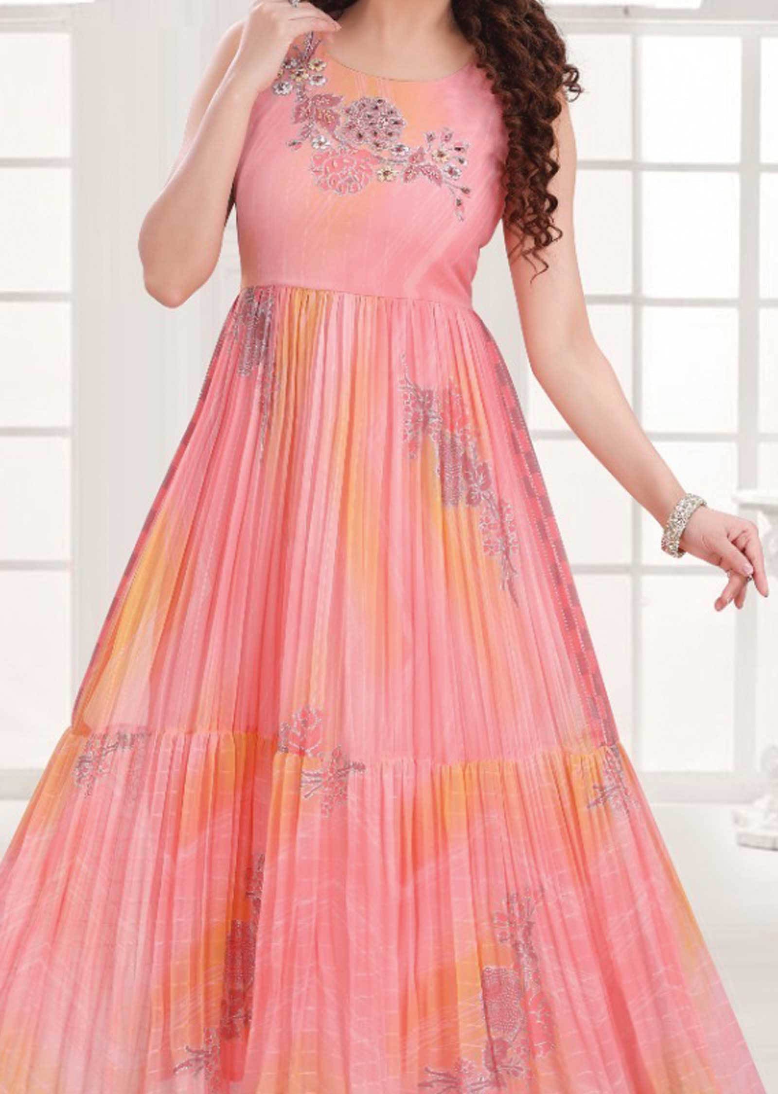 Peach/Pink Georgette Embroidered Kurti Full legth