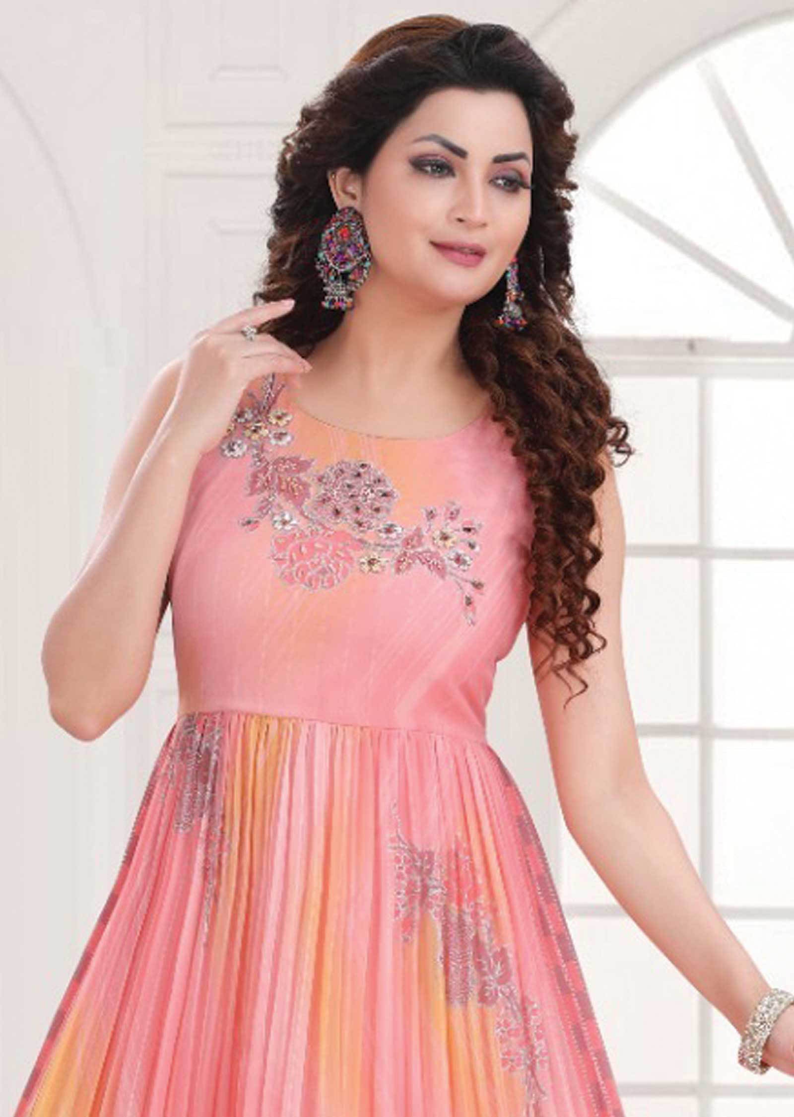 Peach/Pink Georgette Embroidered Kurti Full legth