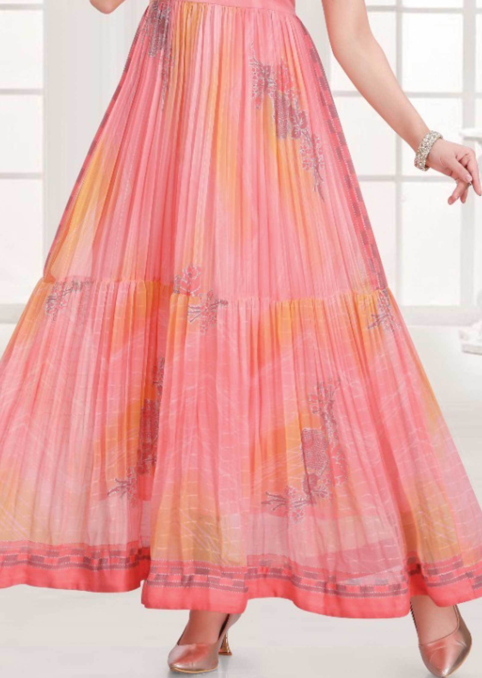 Peach/Pink Georgette Embroidered Kurti Full legth