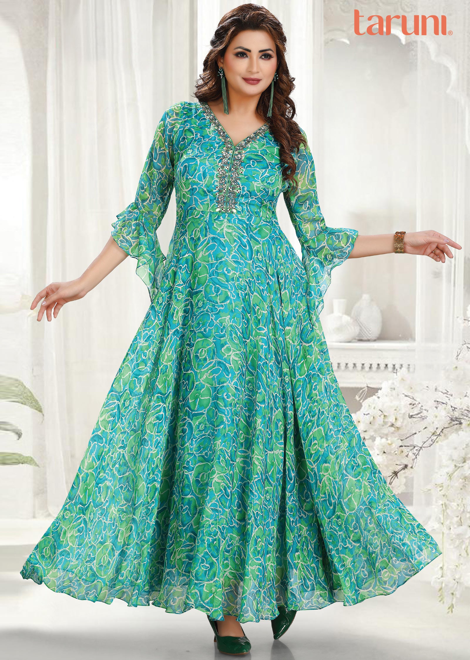 Sea Green Green Chiffon Kurti Full Length