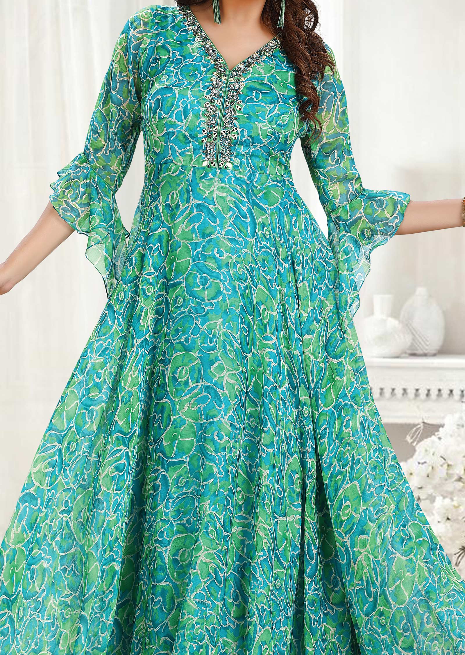 Sea Green & Green Chiffon Kurti Full Length