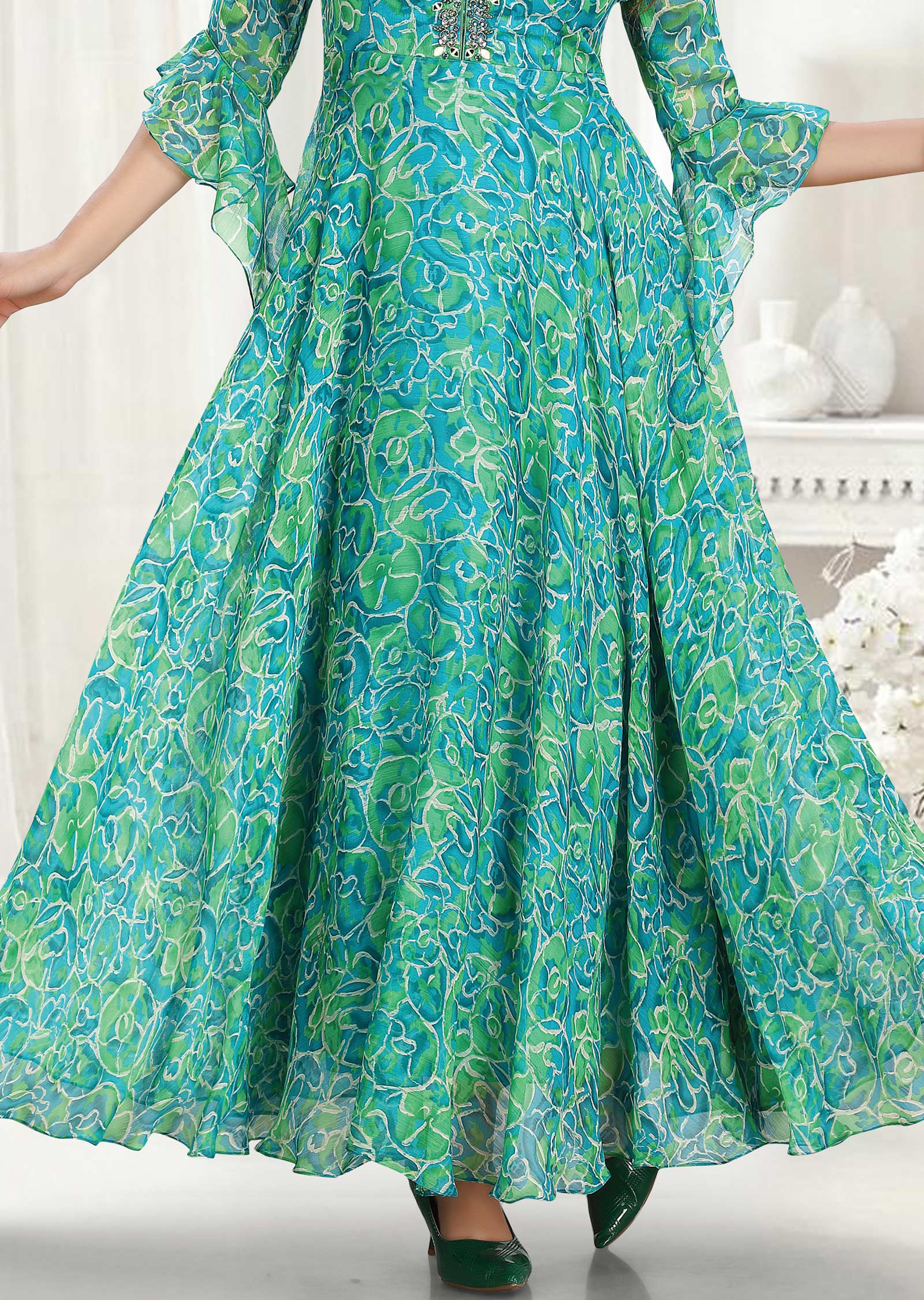 Sea Green & Green Chiffon Kurti Full Length