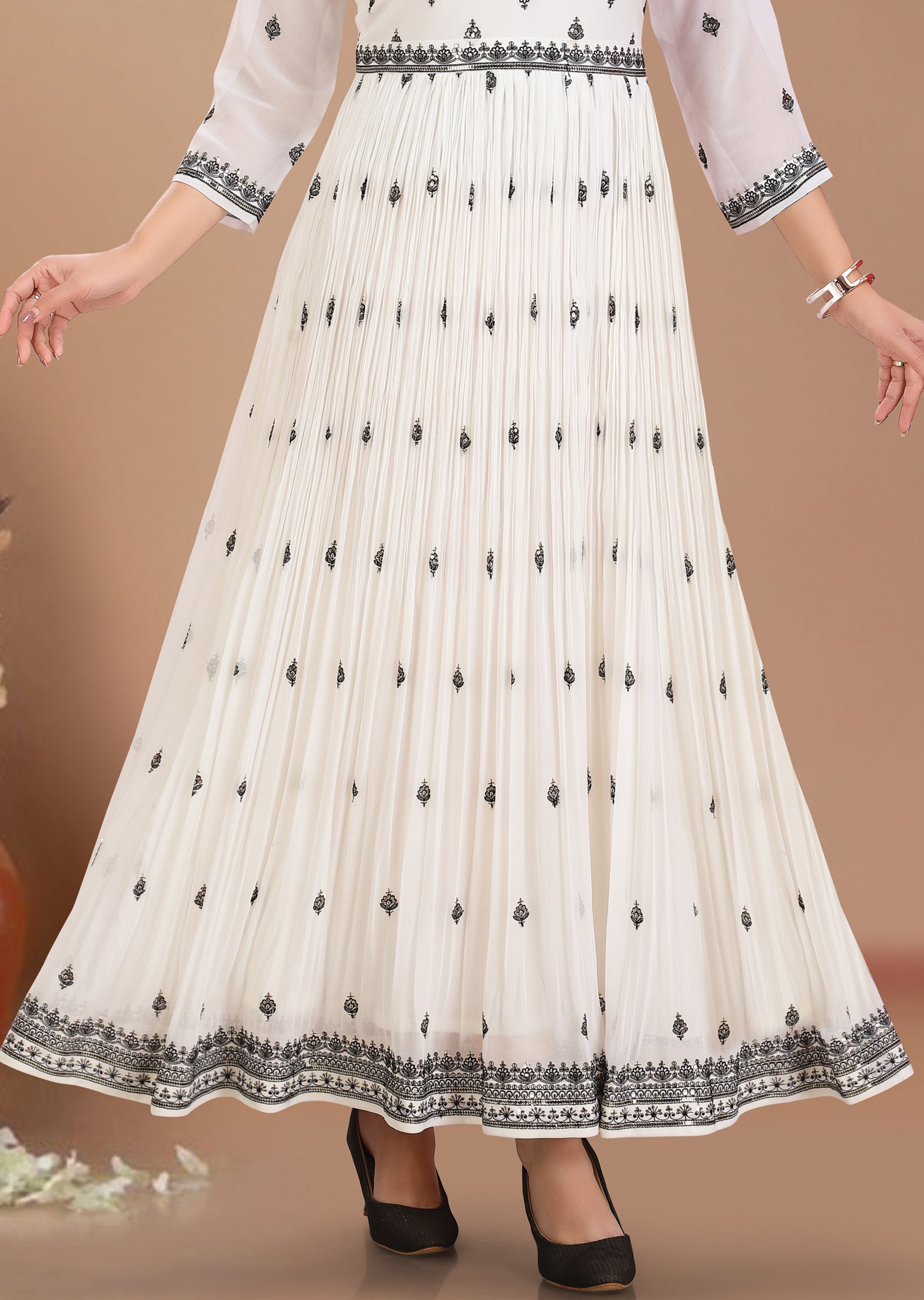 Off White Georgette Kurti with Black Resham & Sequence Work