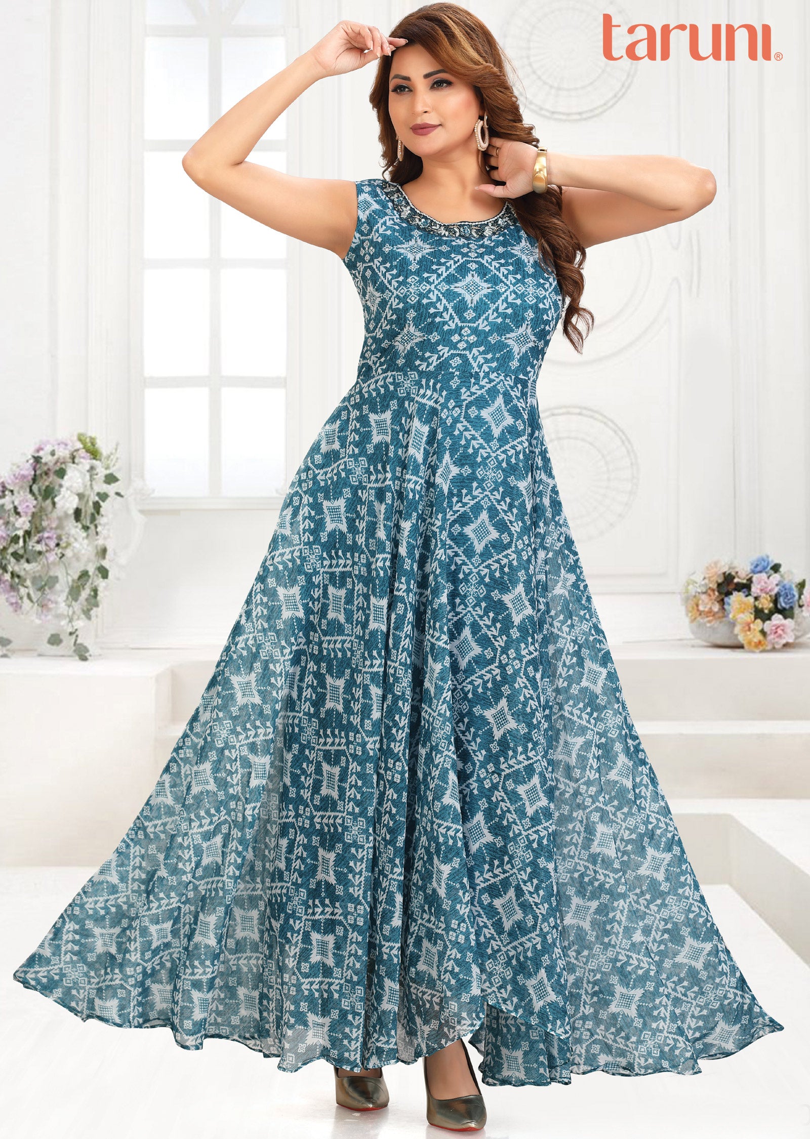 Blue Chiffon Printed Long Dress