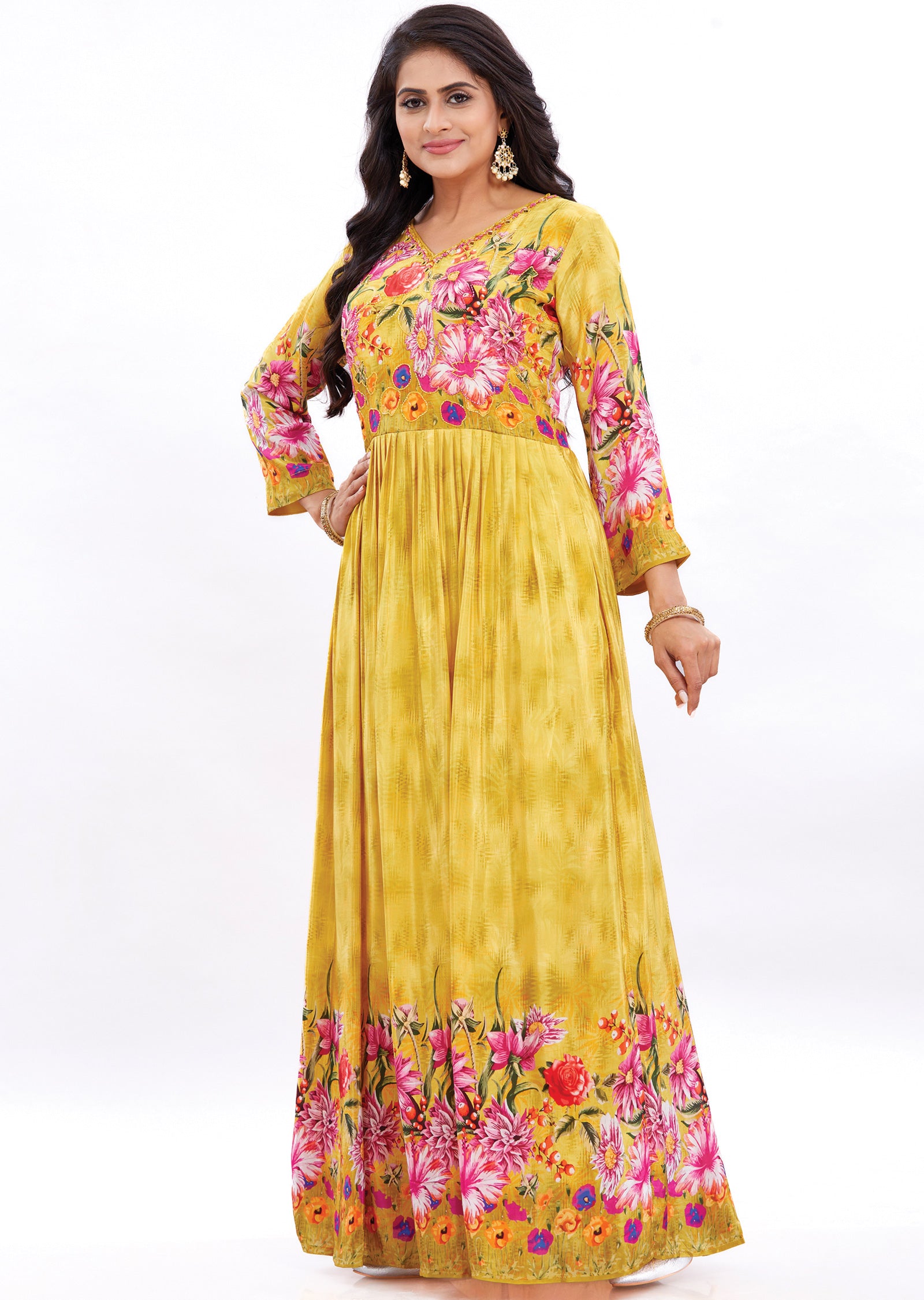 Yellow Long Gown Style Kurti with Mirror & Sequence Work