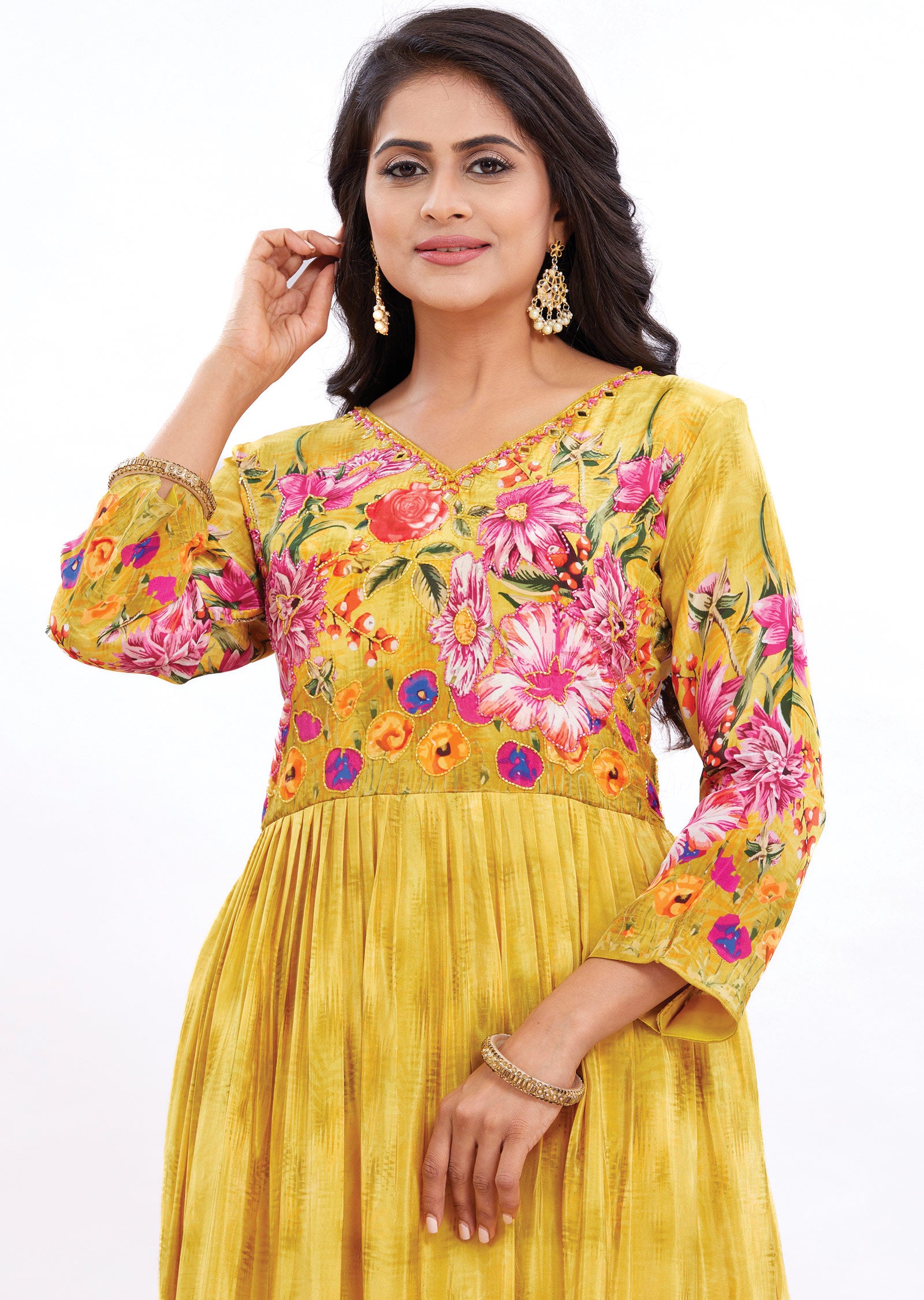 Yellow Long Gown Style Kurti with Mirror & Sequence Work