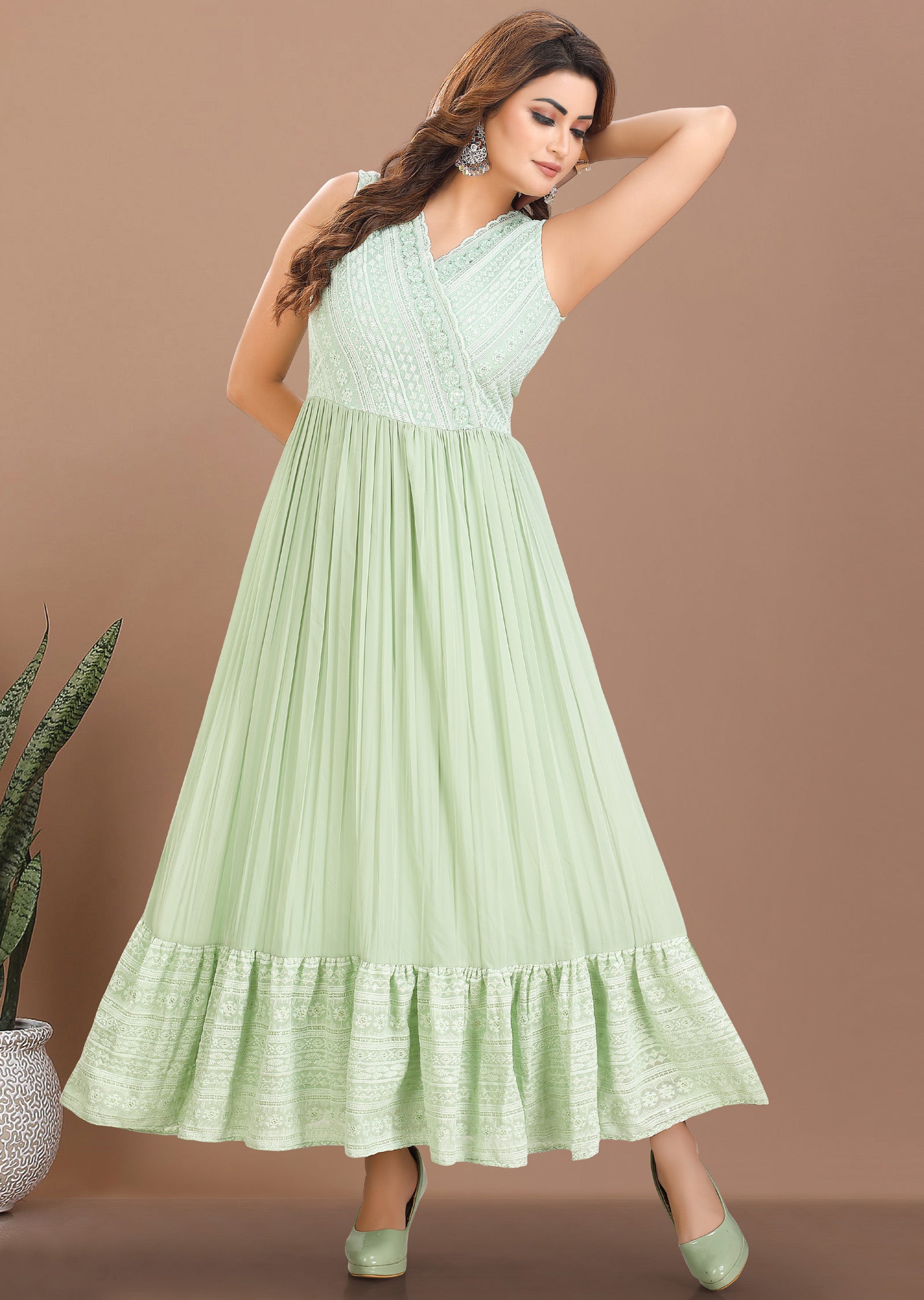 slim fit dress slacks Pista Green Georgette Long Dress