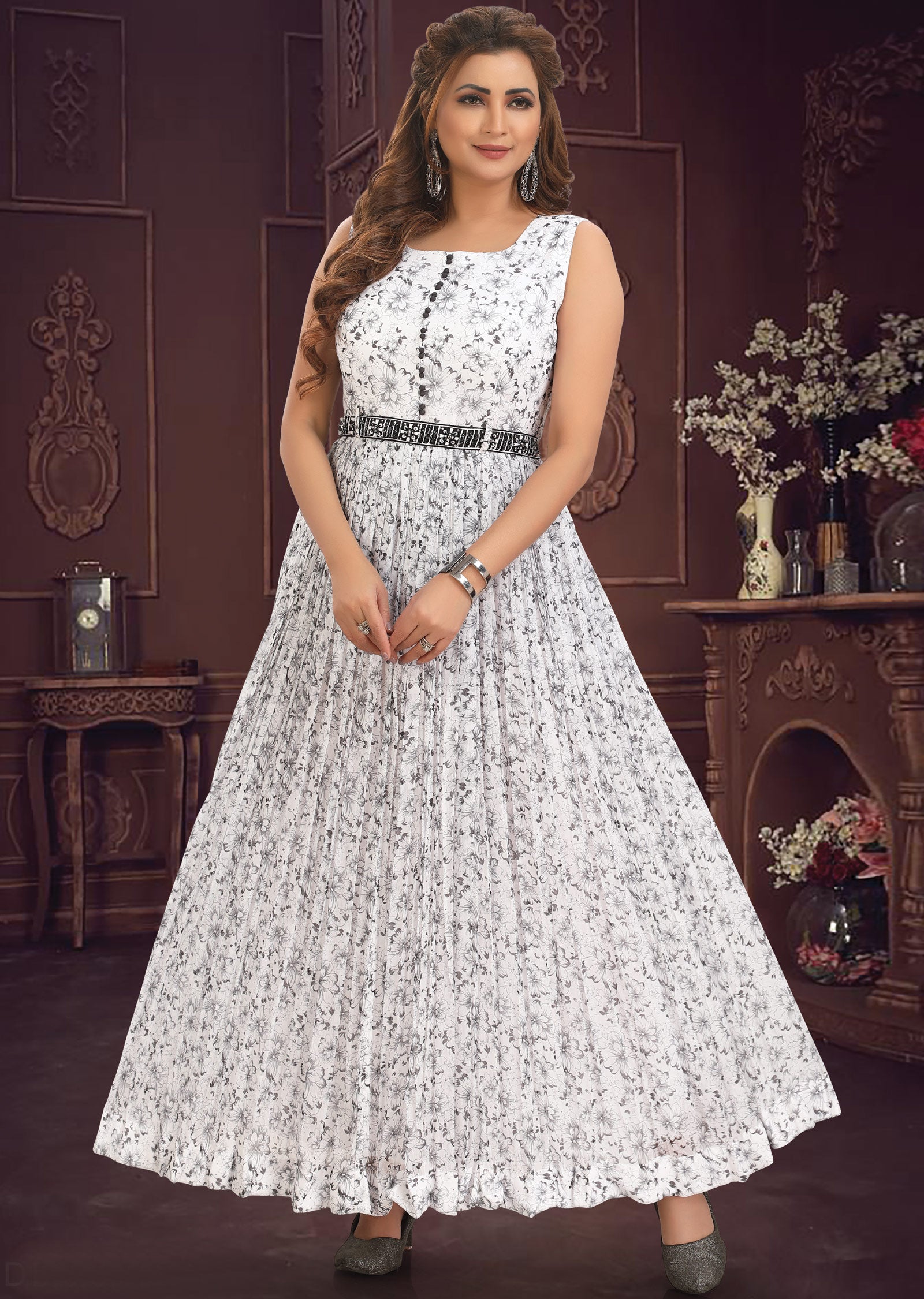 Off White Black Chiffon Long Dress - Main Image