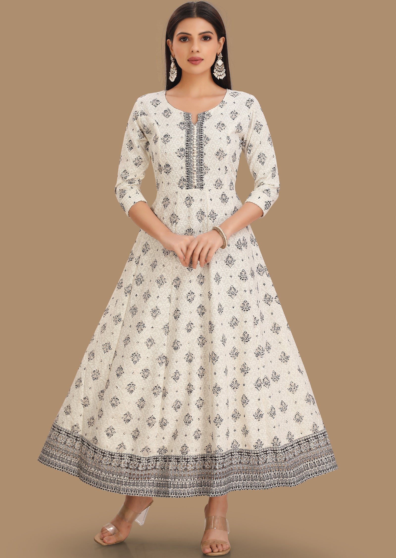 Off White Black Chikan Reyon Long Dress