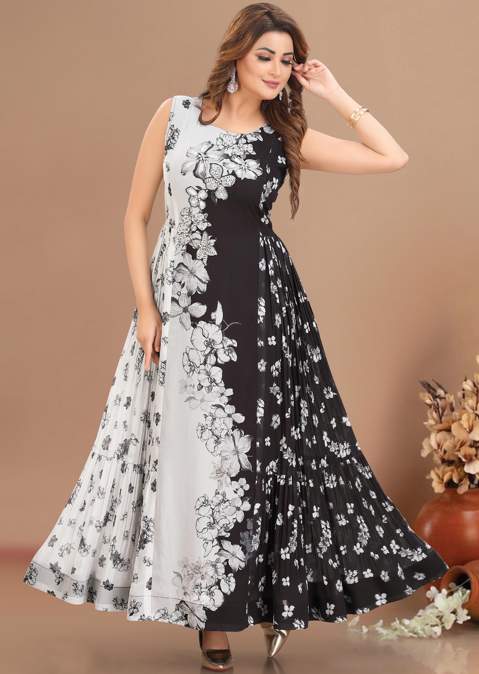 black and white dress for women Elegant Long With Detail: Sleeveless Formal Gown while the cascading ruffles bring a sense of movement and romance to the overall look White Floral Maxi Dress Black