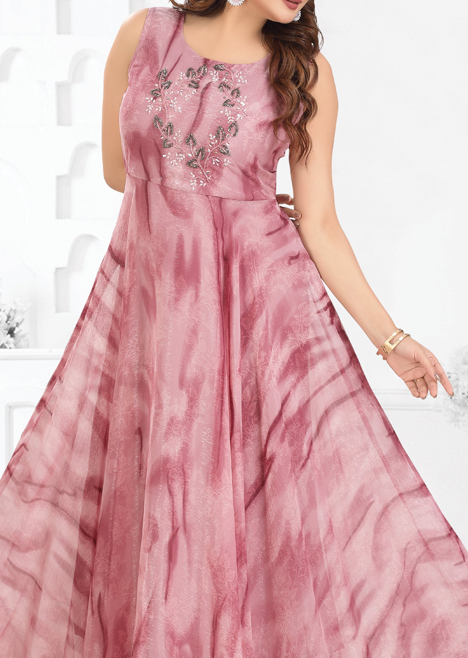 Onion Pink Shimmer Georgette Long Dress