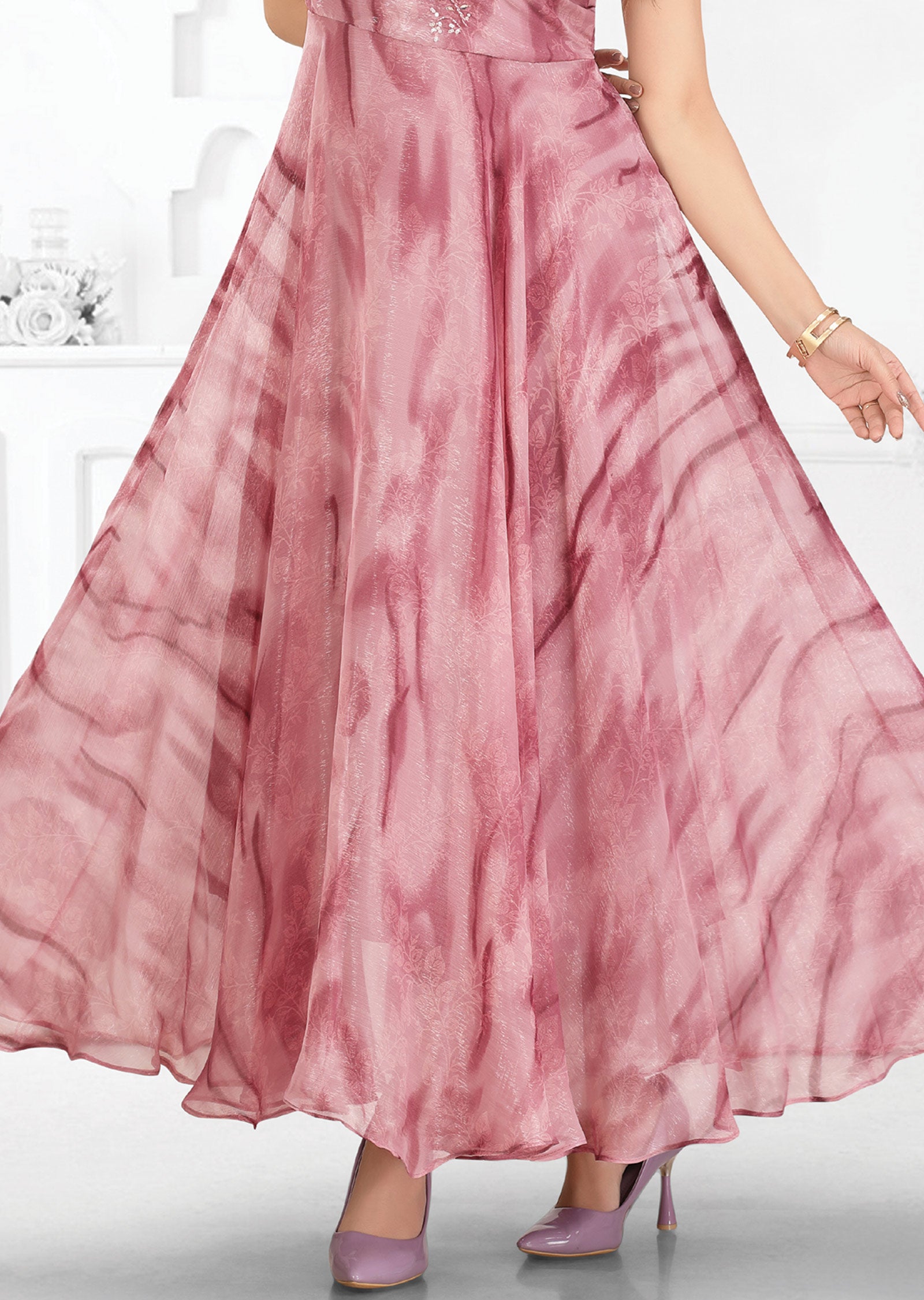 Onion Pink Shimmer Georgette Long Dress