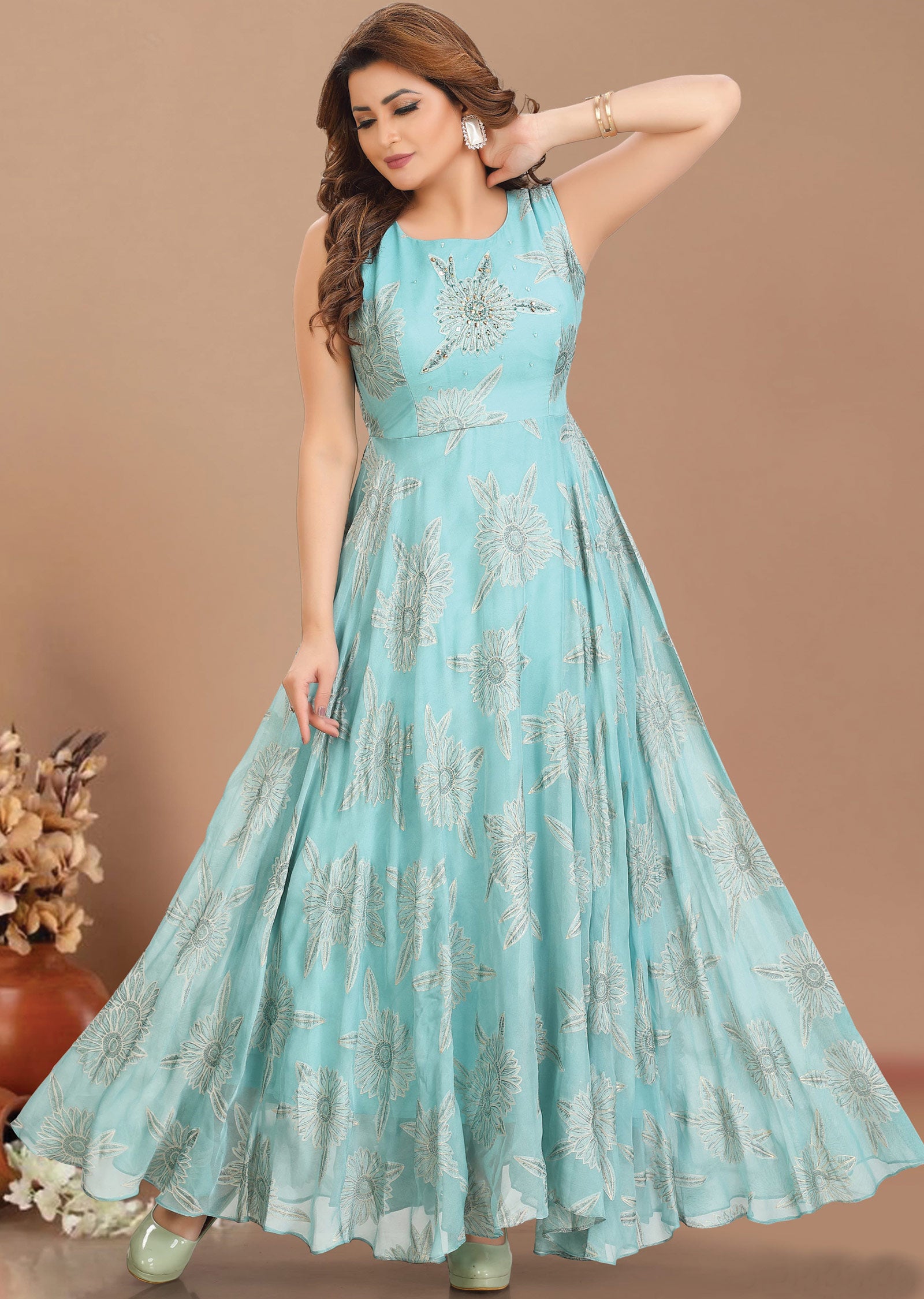 Dusty Sea Green Chiffon Kurti Full Length