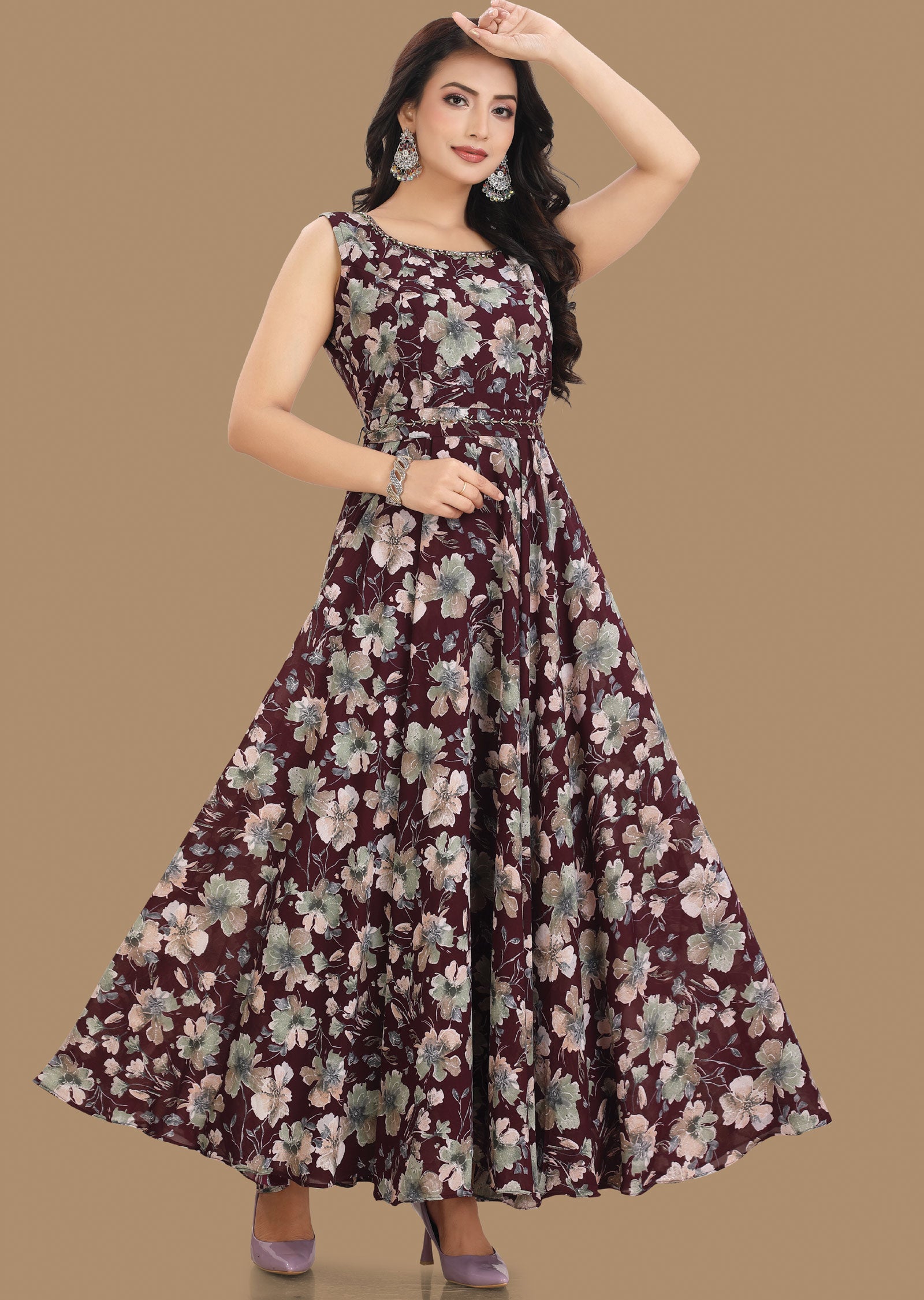 Wine Georgette Long Dress