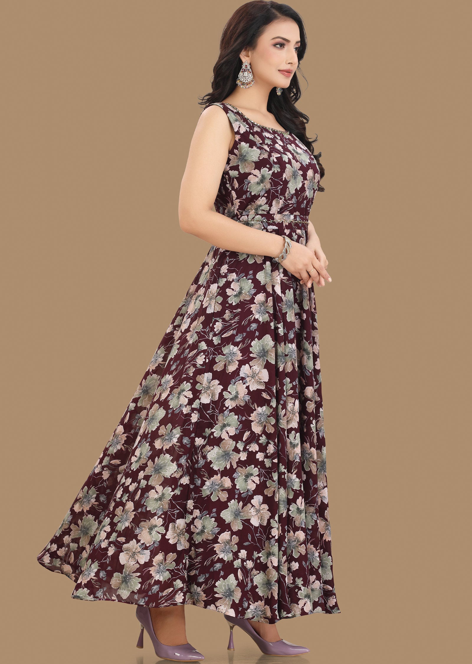 Wine Georgette Long Dress