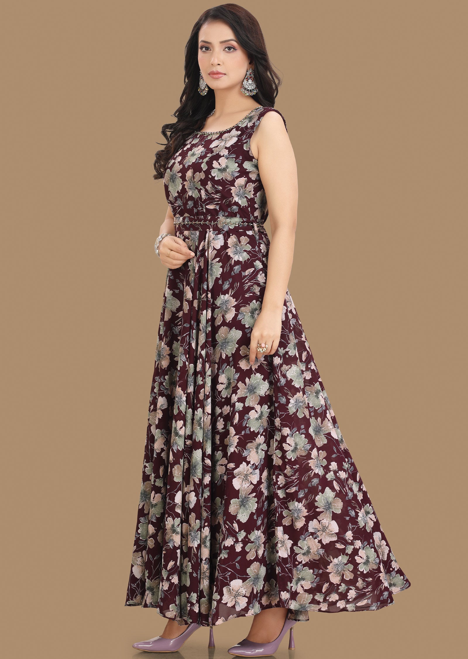 Wine Georgette Long Dress