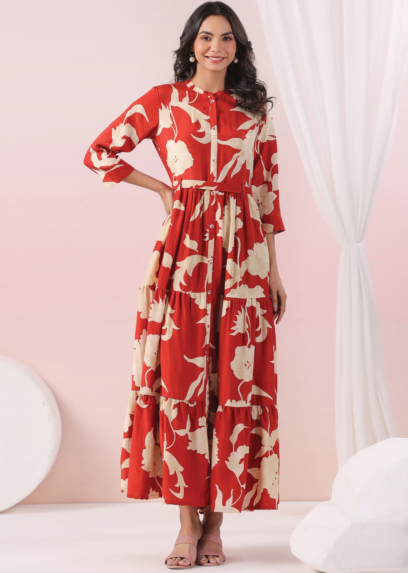 Rust & Beige Muslin Long Dress