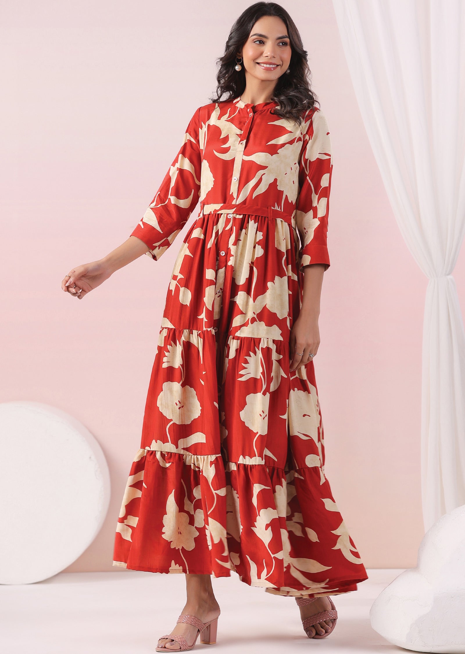 Rust & Beige Muslin Long Dress