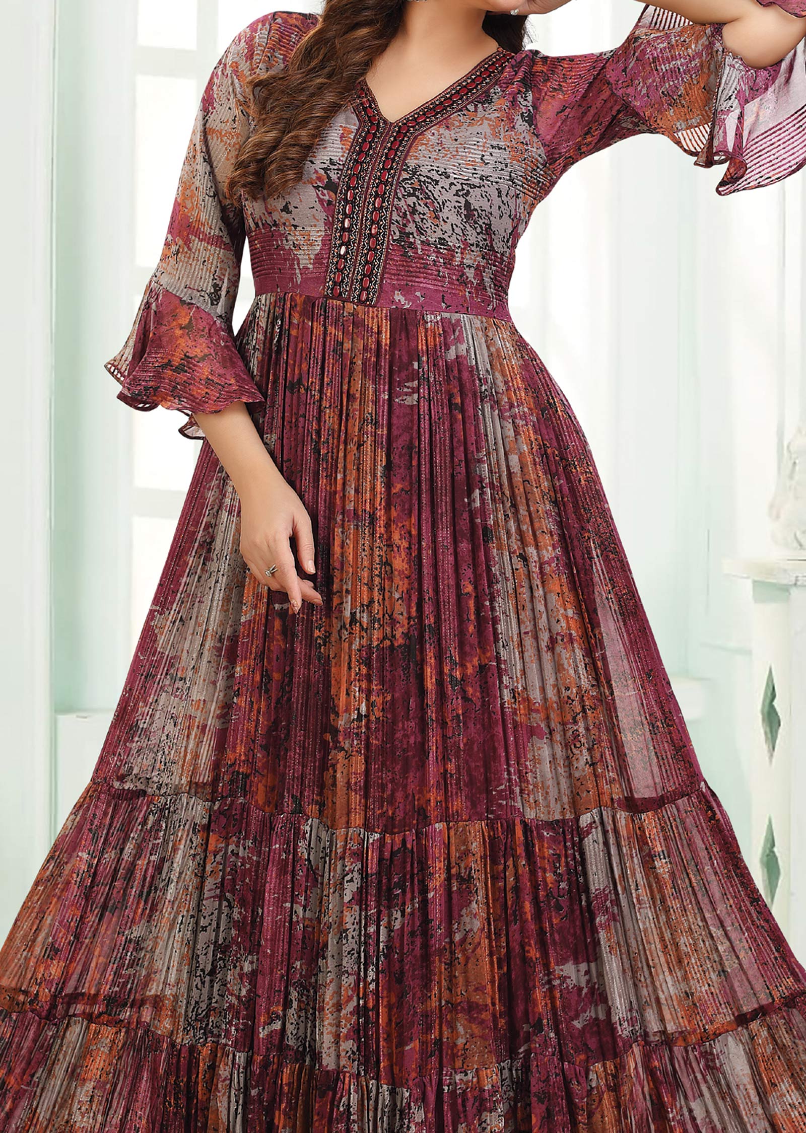 Magenta & Grey Georgette Long Dress