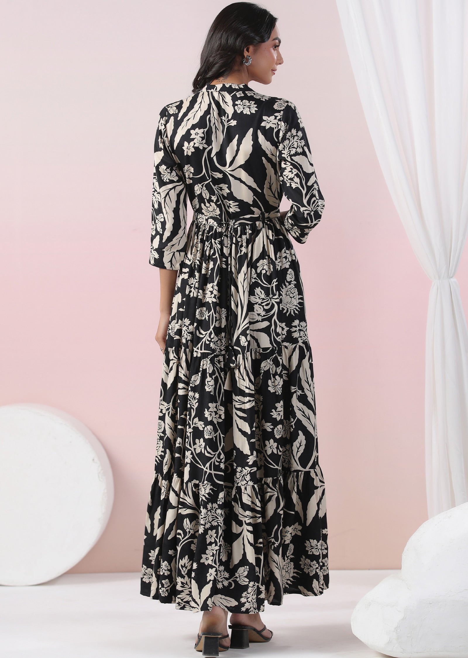 Black & Beige Muslin Full Length Dress