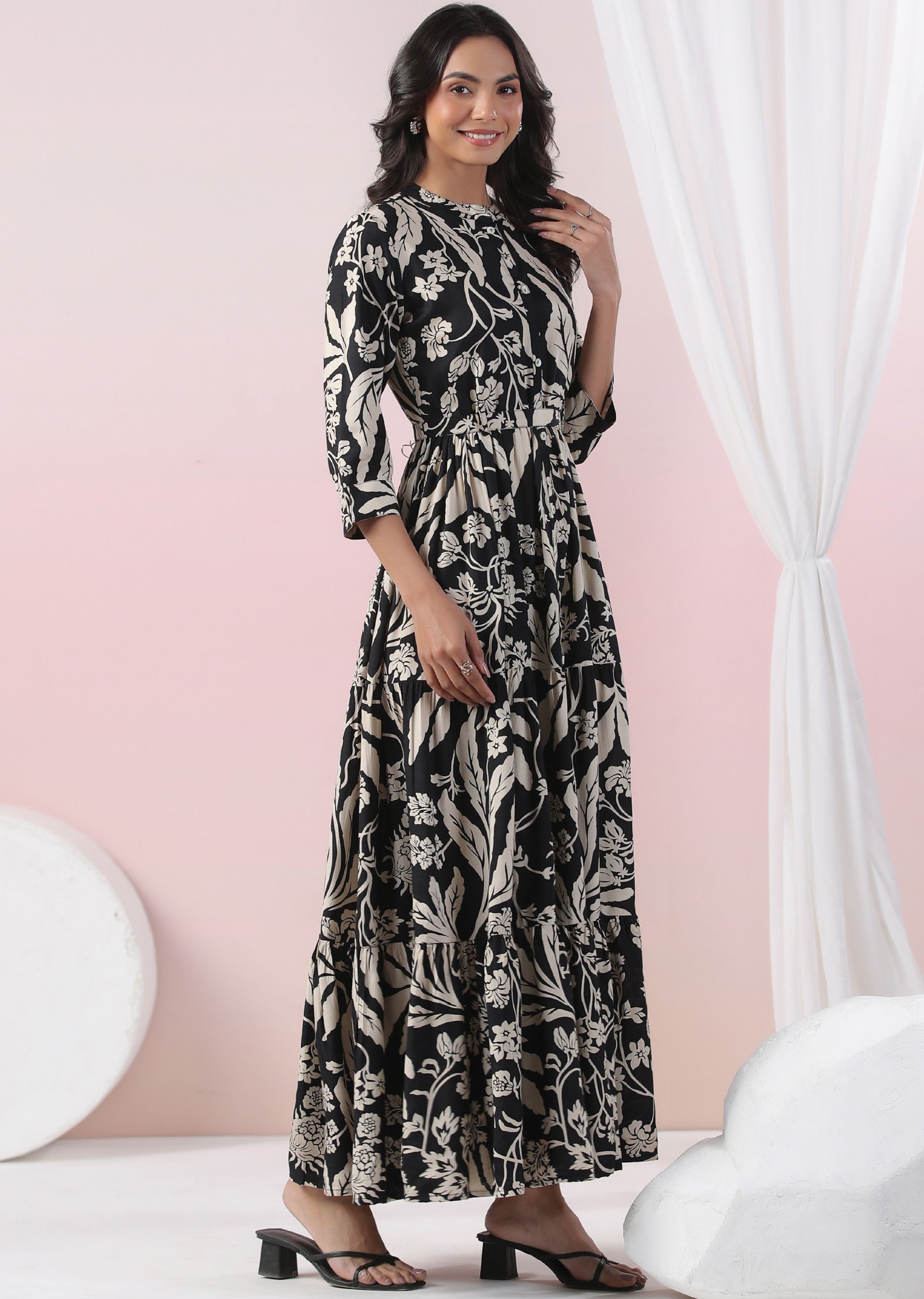Black & Beige Muslin Full Length Dress