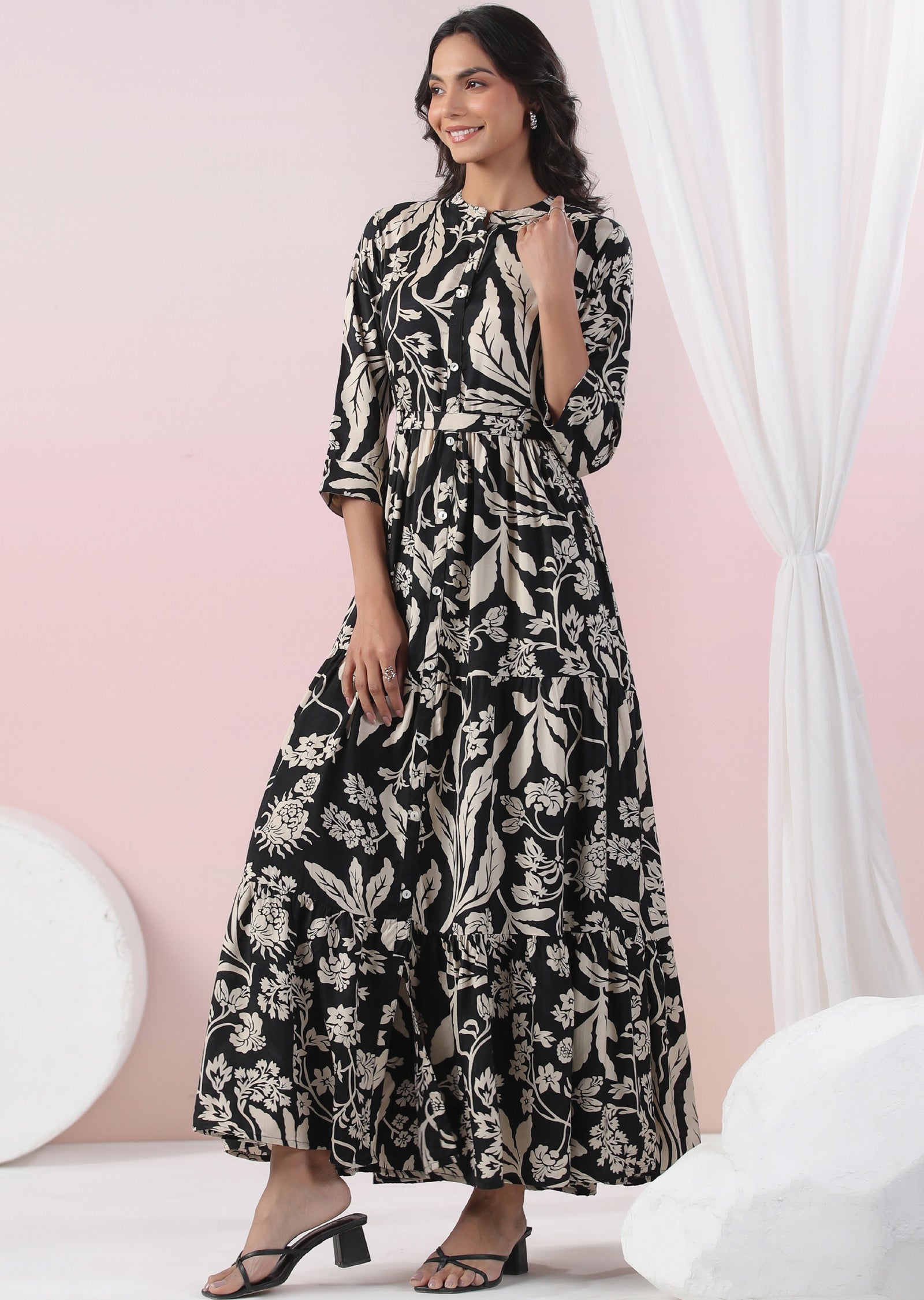 Black & Beige Muslin Full Length Dress
