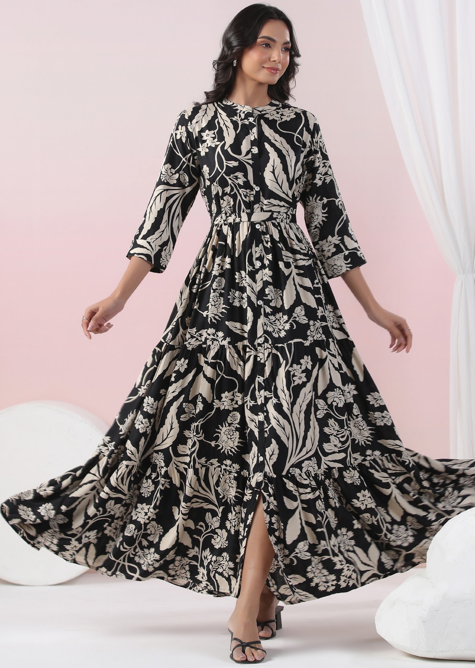 Black & Beige Muslin Full Length Dress