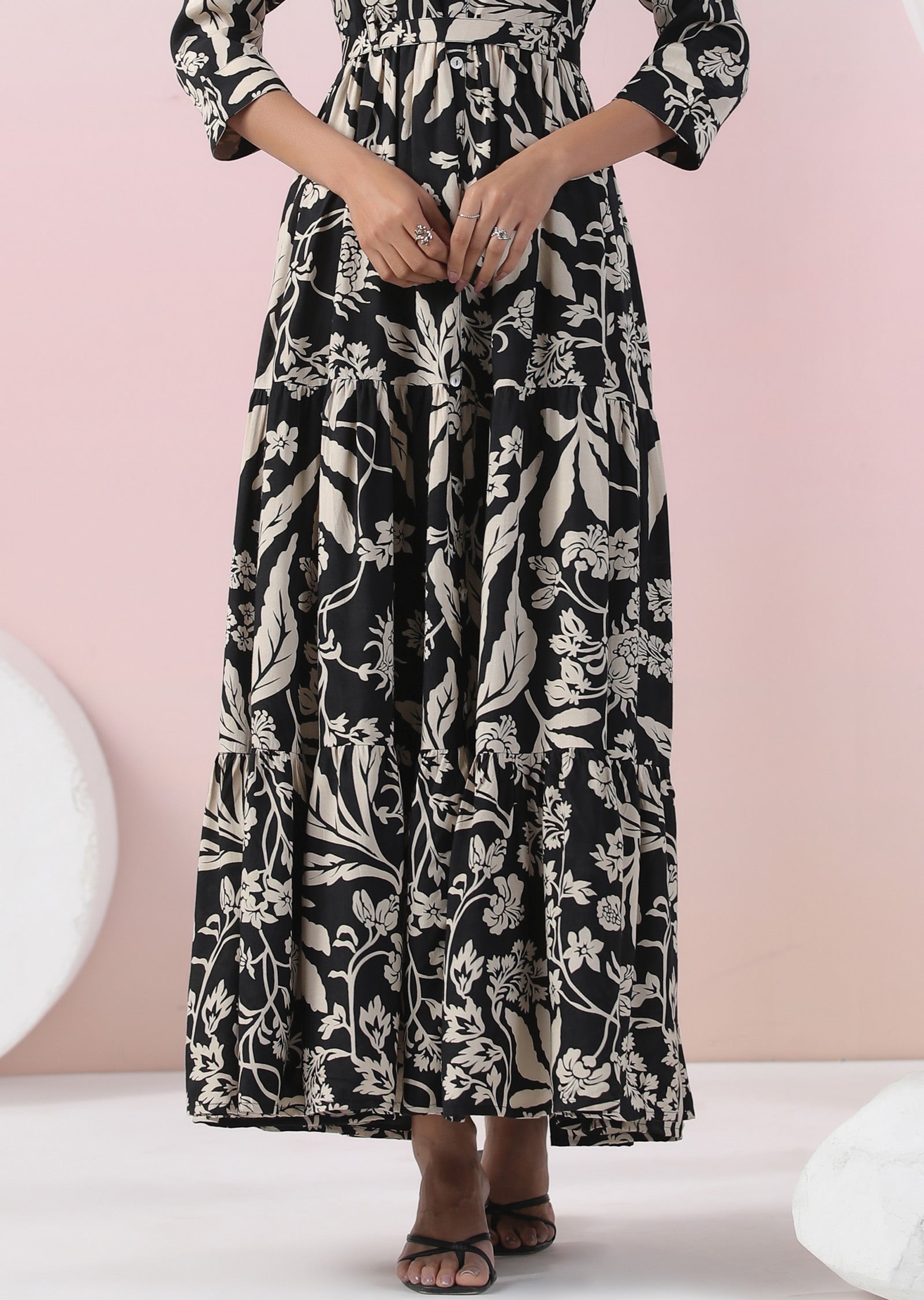 Black & Beige Muslin Full Length Dress