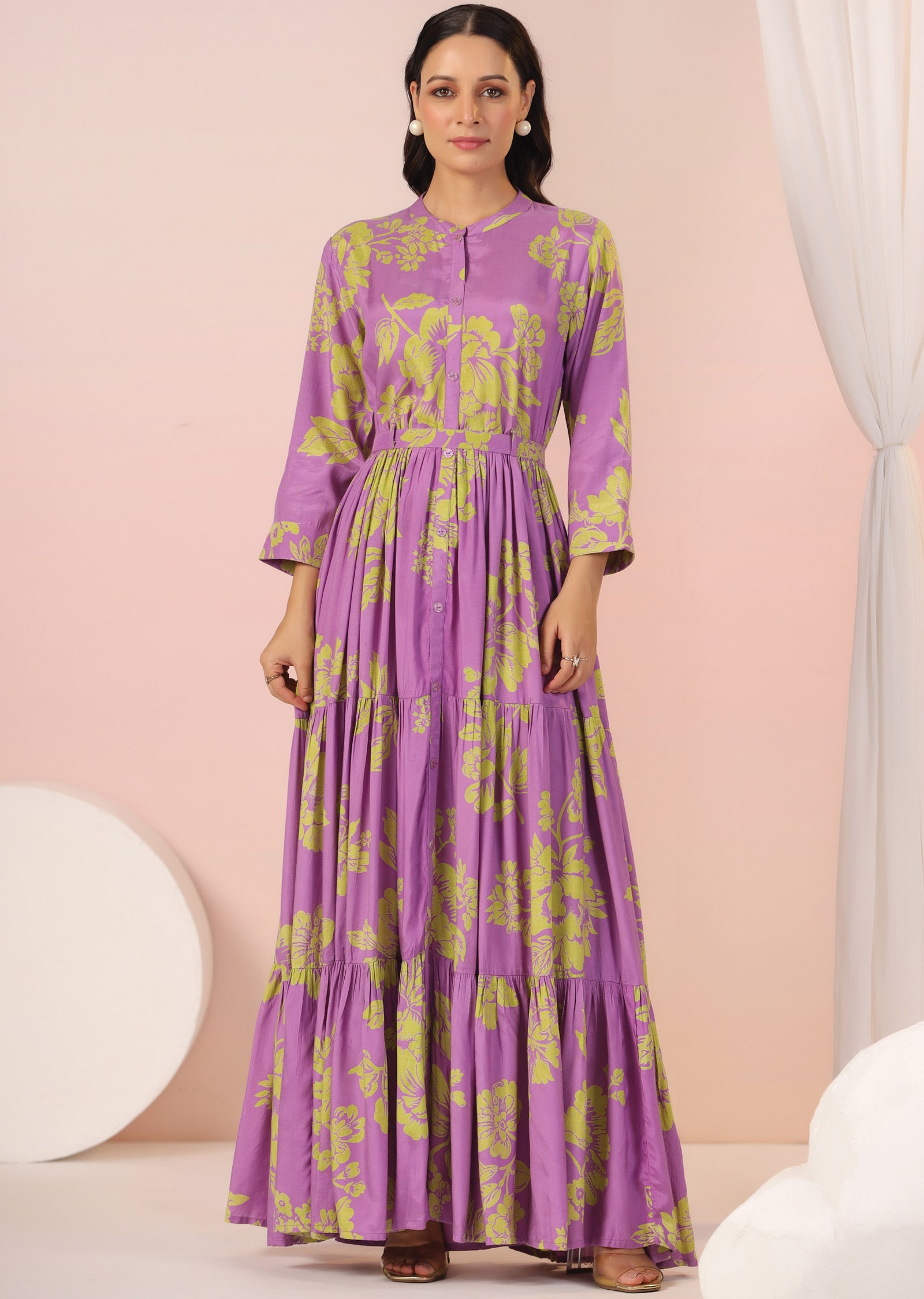 Lavender & Green Muslin Long Dress