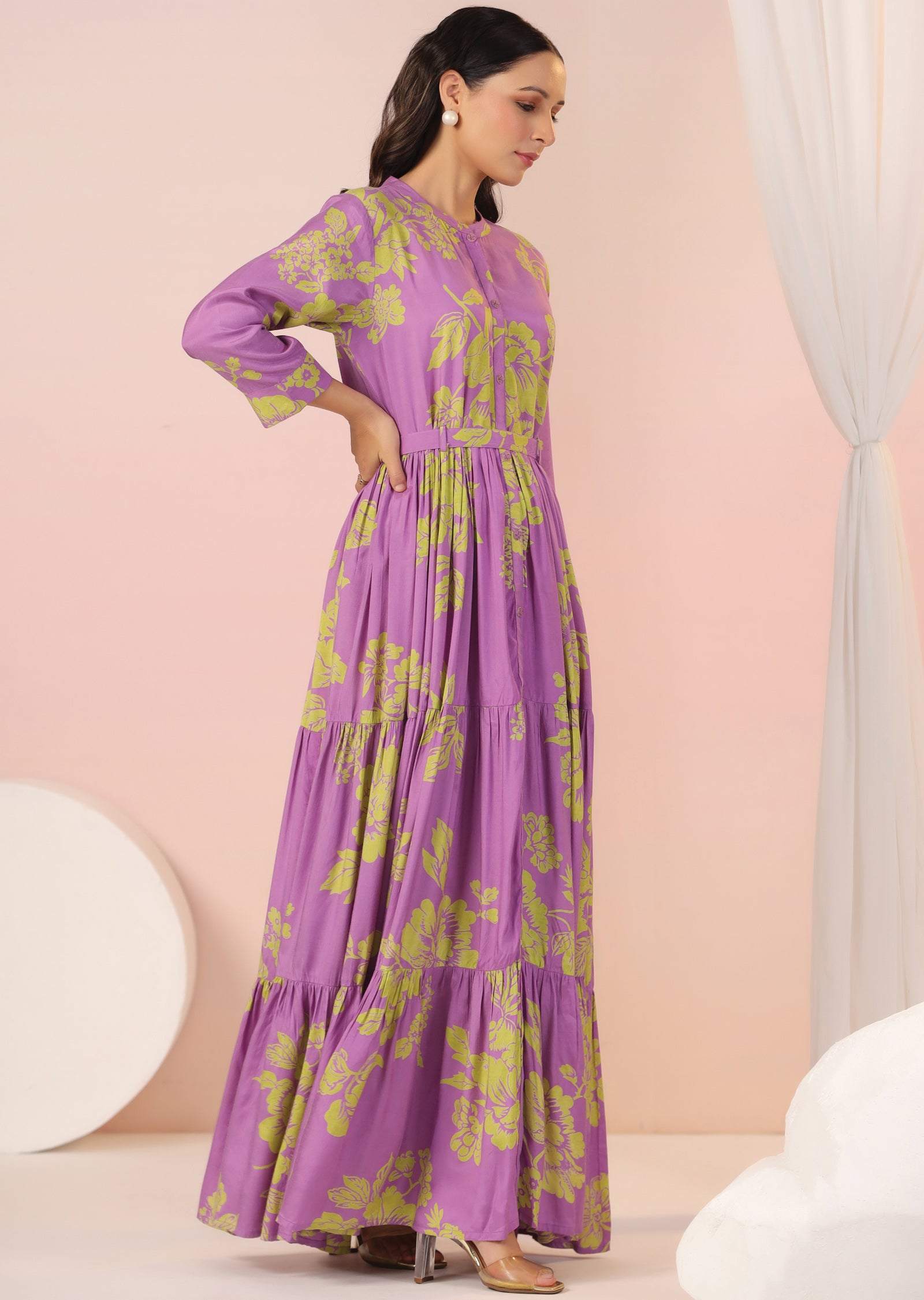 Lavender & Green Muslin Long Dress