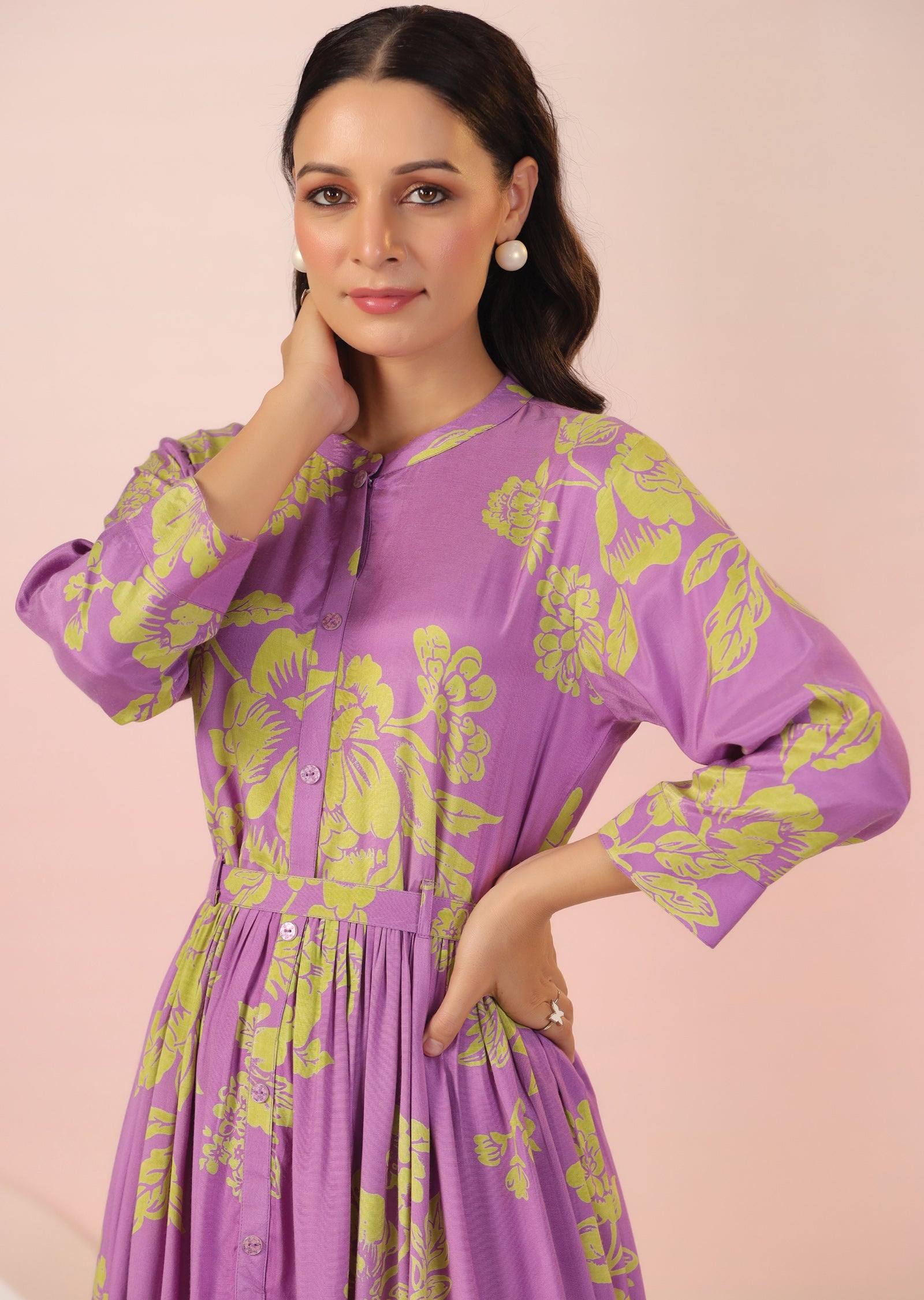 Lavender & Green Muslin Long Dress