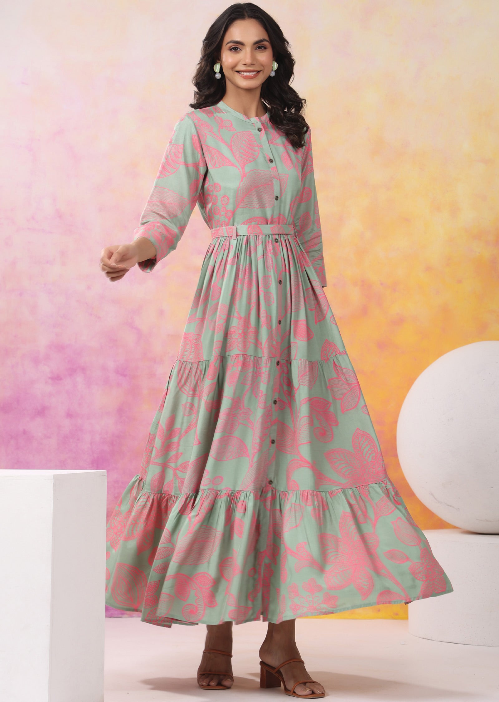 Dusty Green & Pink Muslin Long Dress