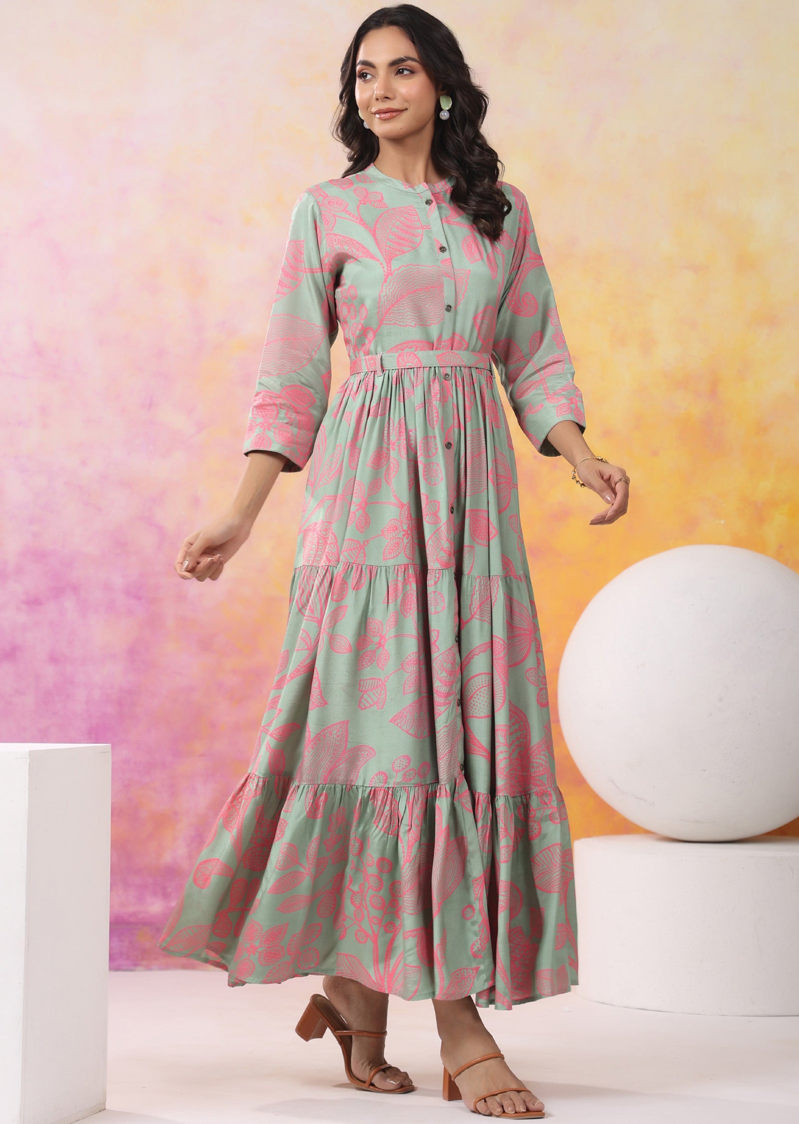 Dusty Green & Pink Muslin Long Dress