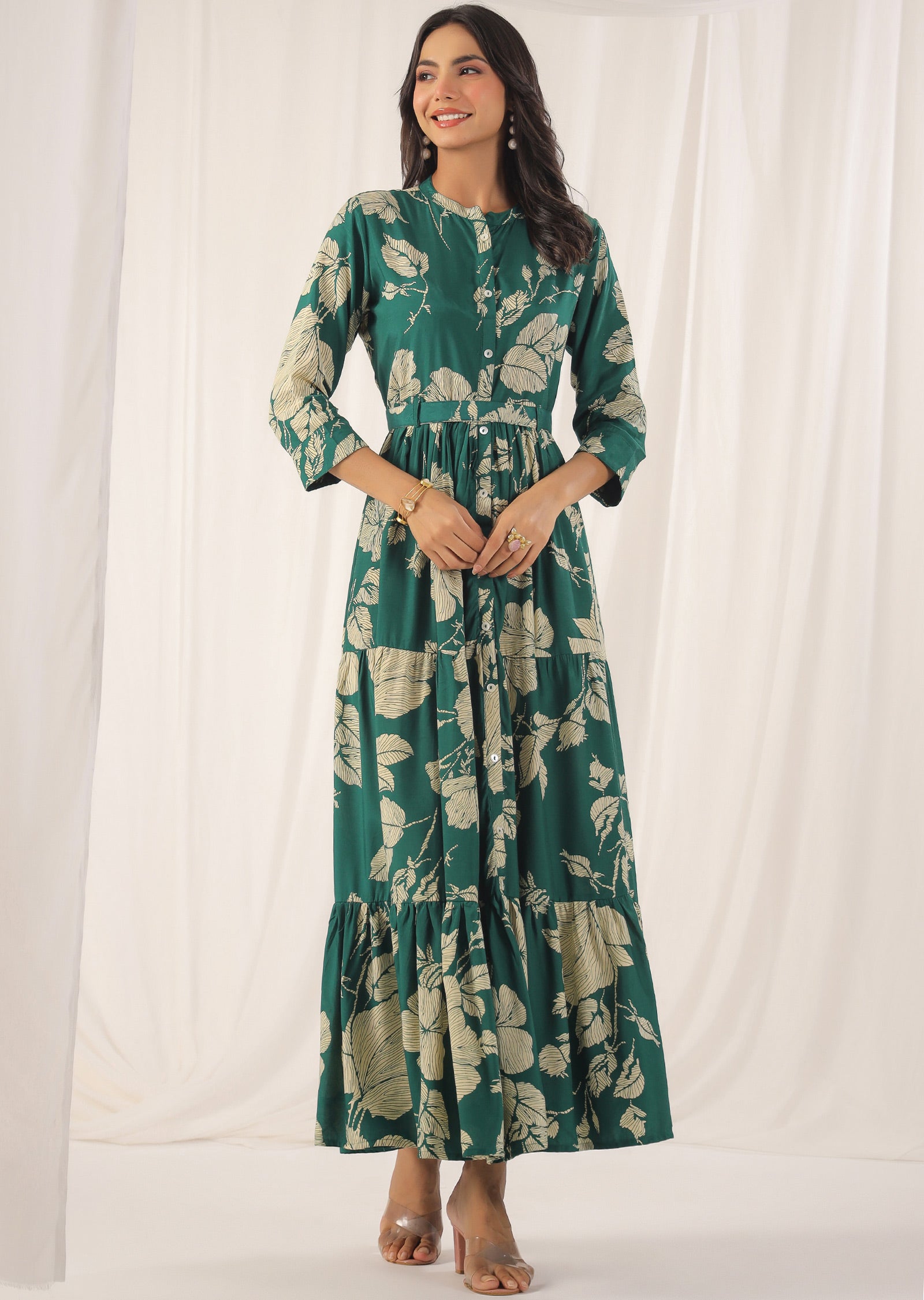 Green & Beige Muslin Full Length Dress