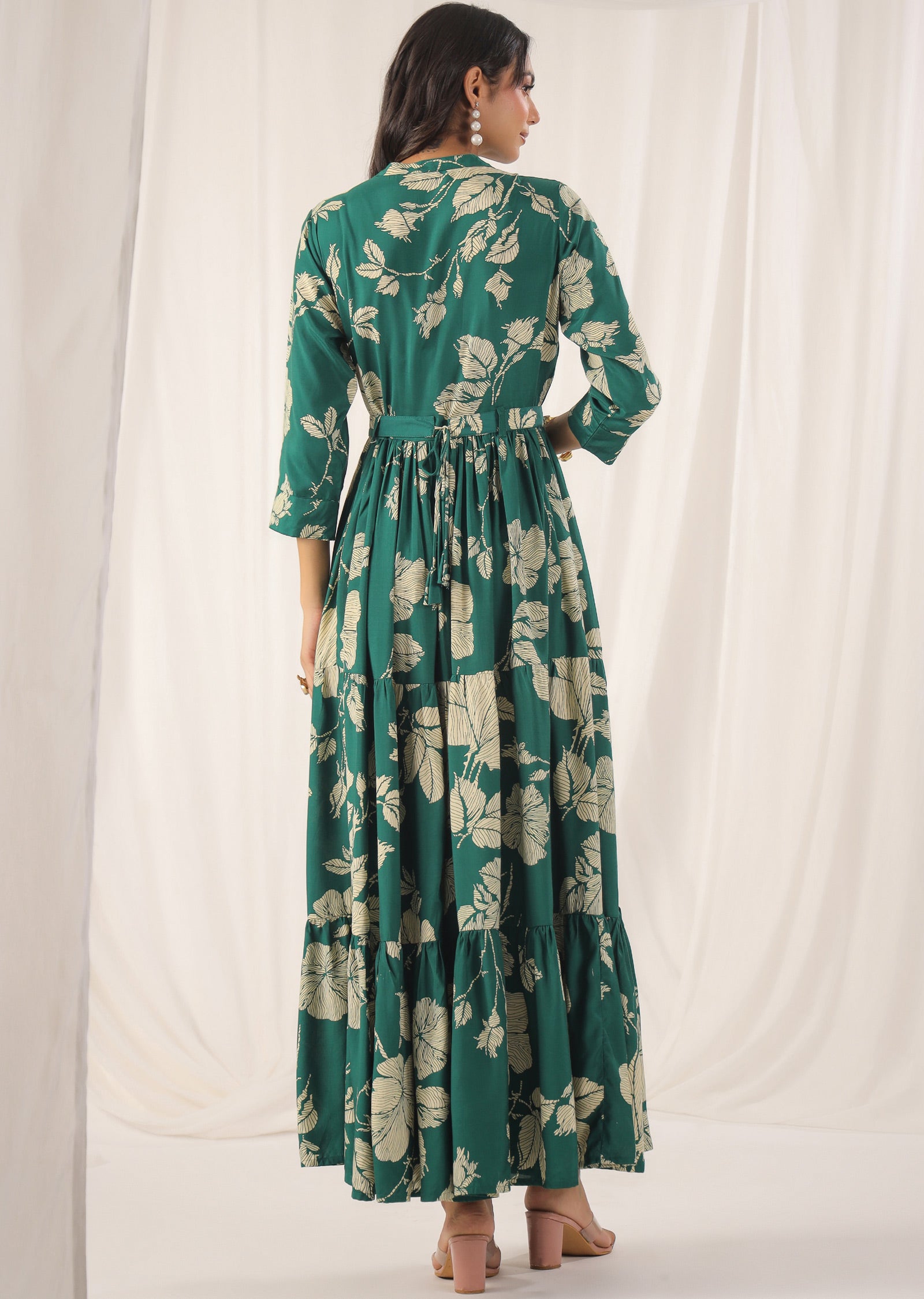 Green & Beige Muslin Full Length Dress