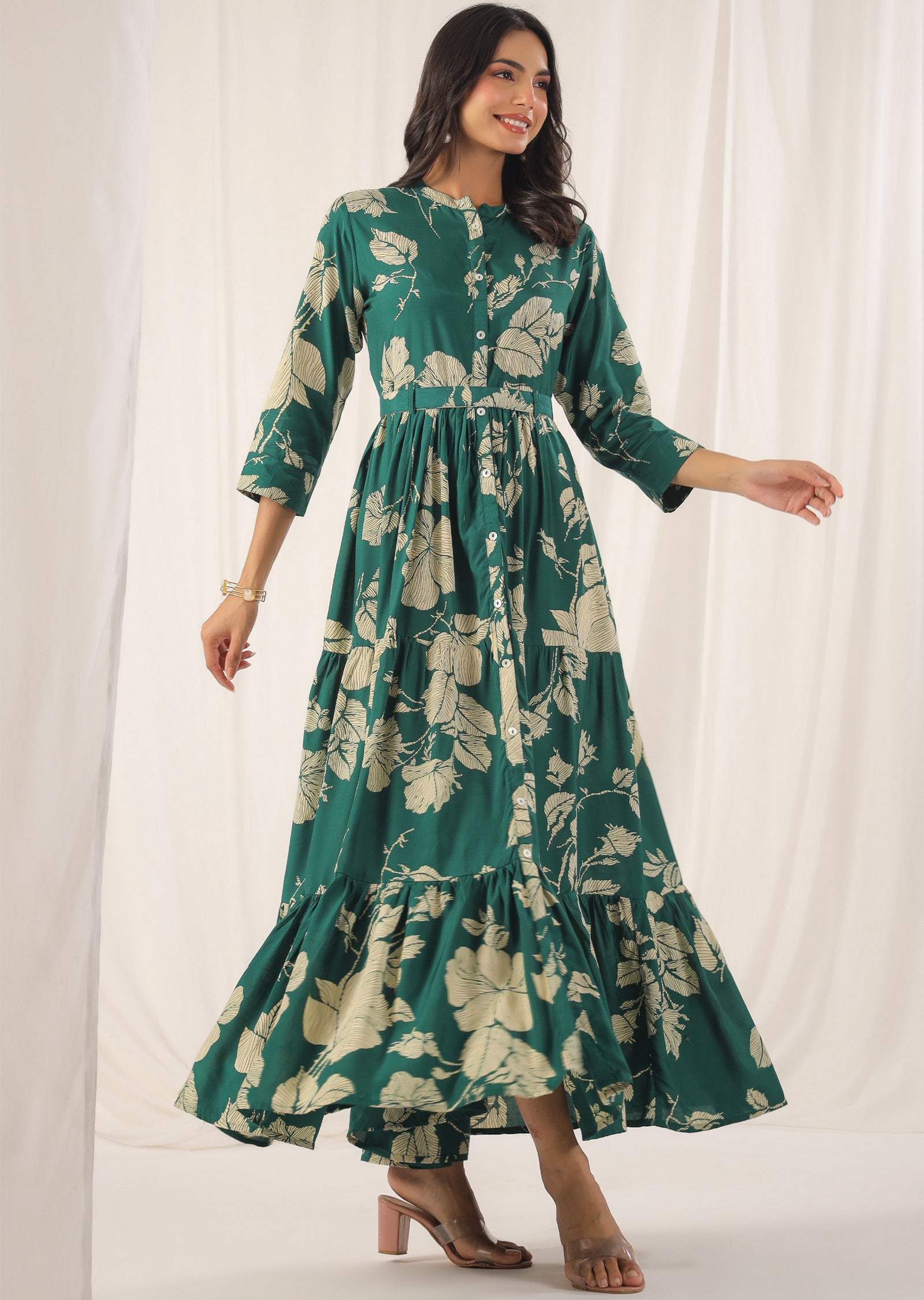 Green & Beige Muslin Full Length Dress