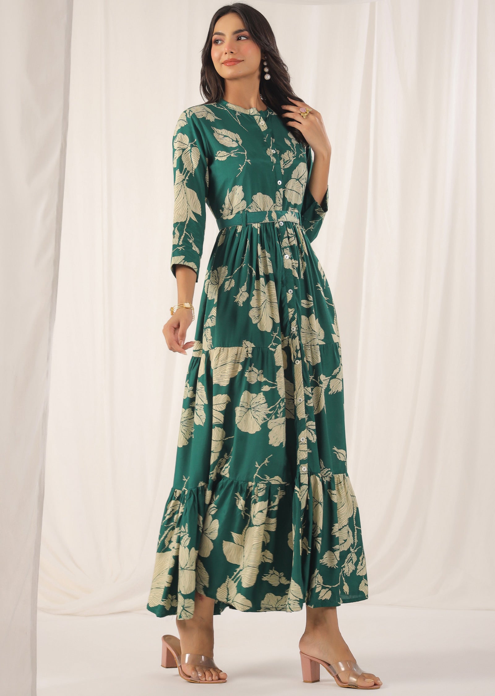 Green & Beige Muslin Full Length Dress