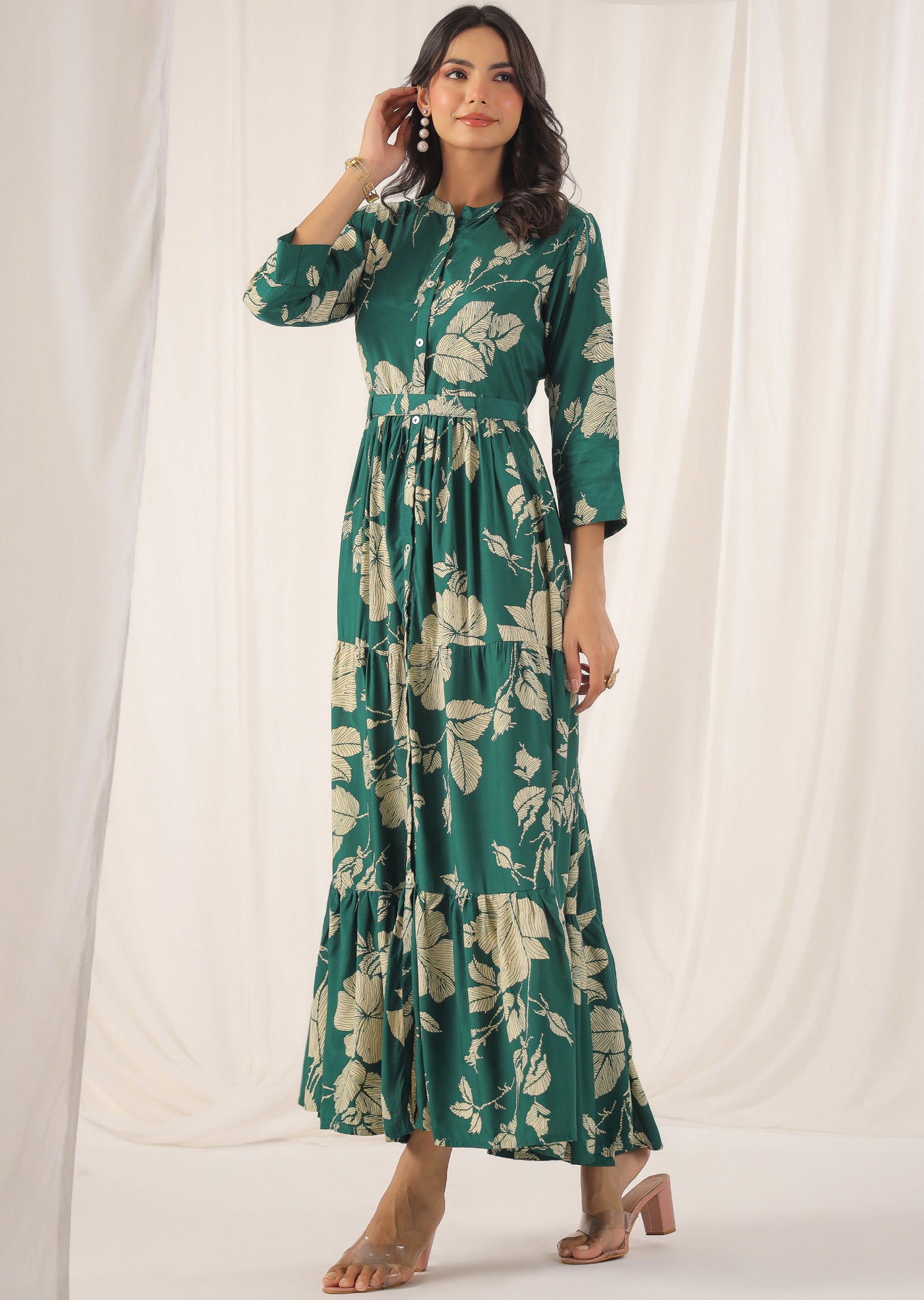 Green & Beige Muslin Full Length Dress