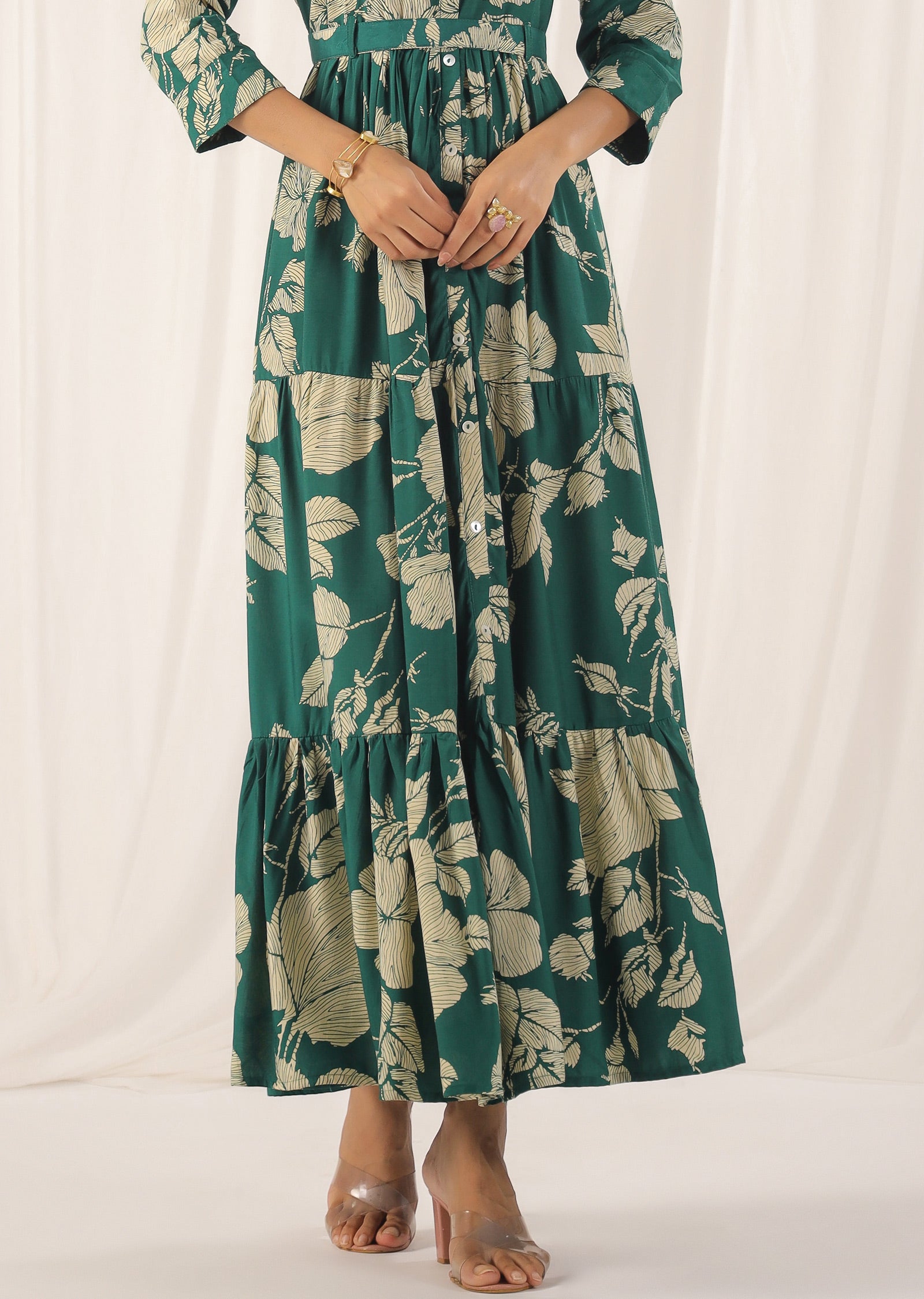 Green & Beige Muslin Full Length Dress