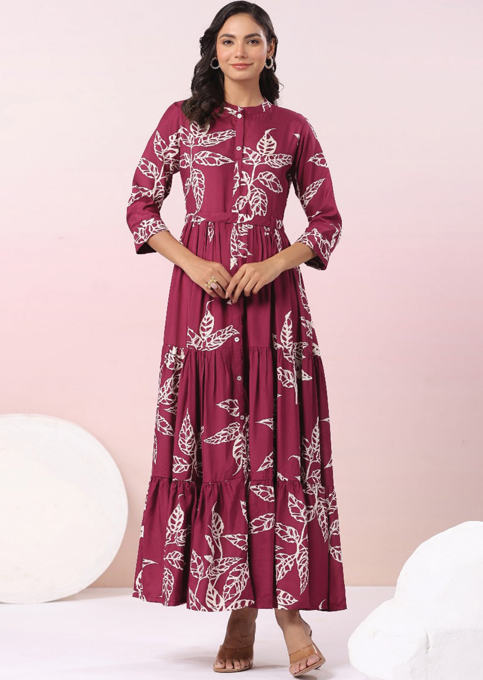 Magenta & Beige Muslin Full Length Dress