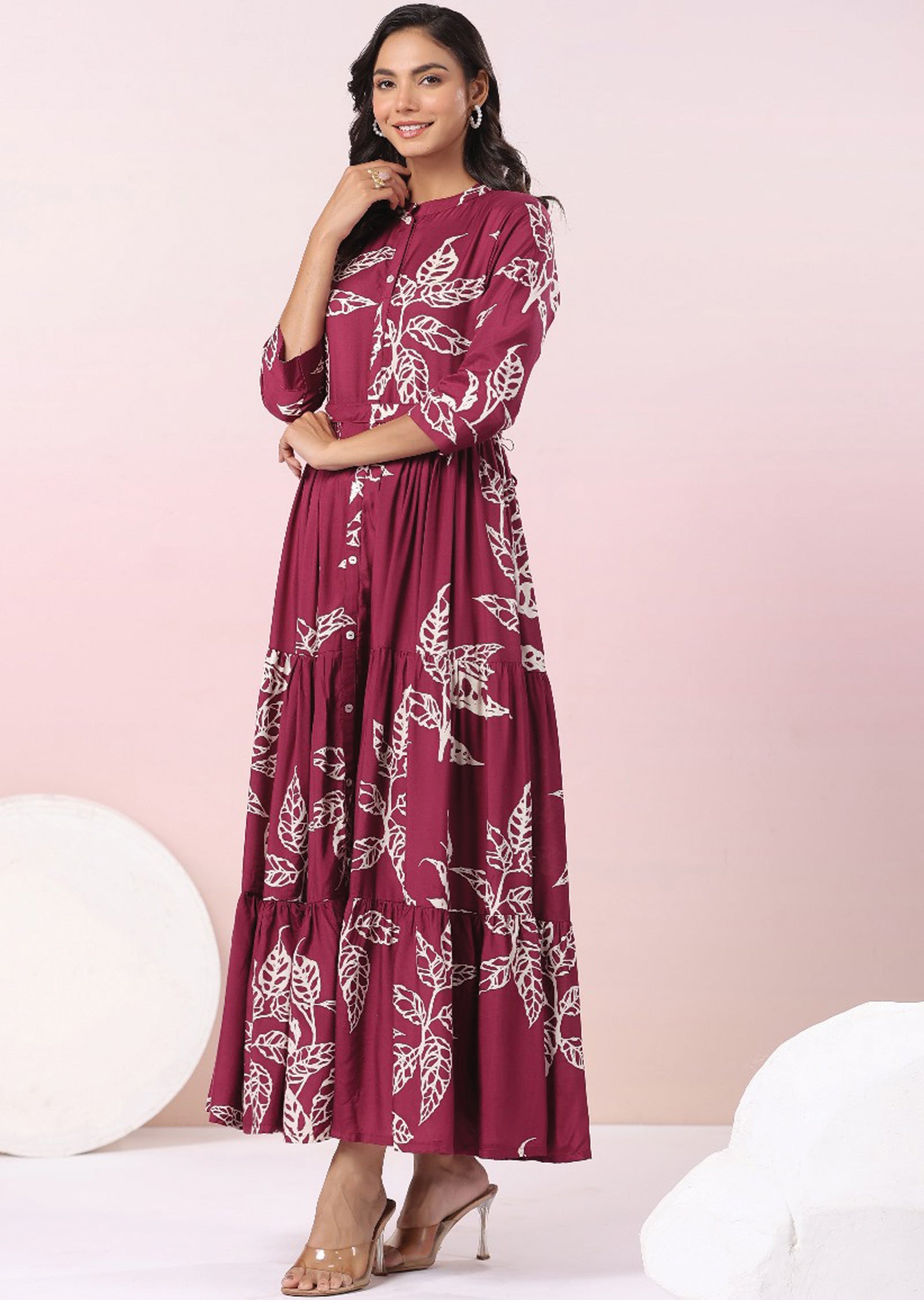 Magenta & Beige Muslin Full Length Dress