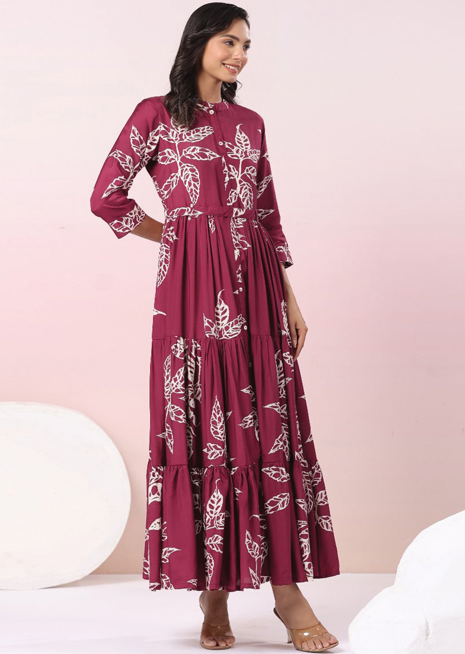 Magenta & Beige Muslin Full Length Dress