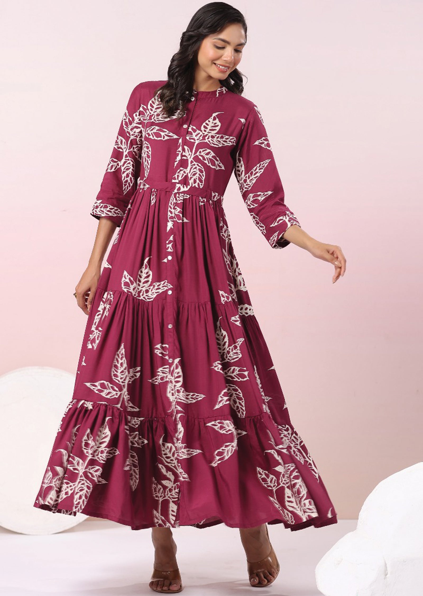 Magenta & Beige Muslin Full Length Dress