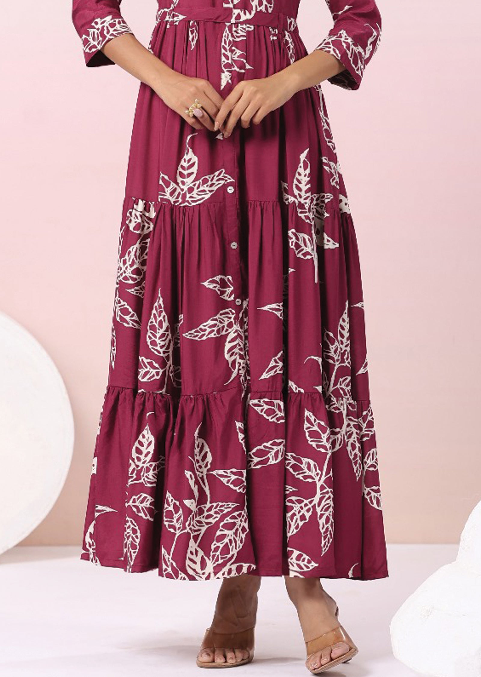 Magenta & Beige Muslin Full Length Dress
