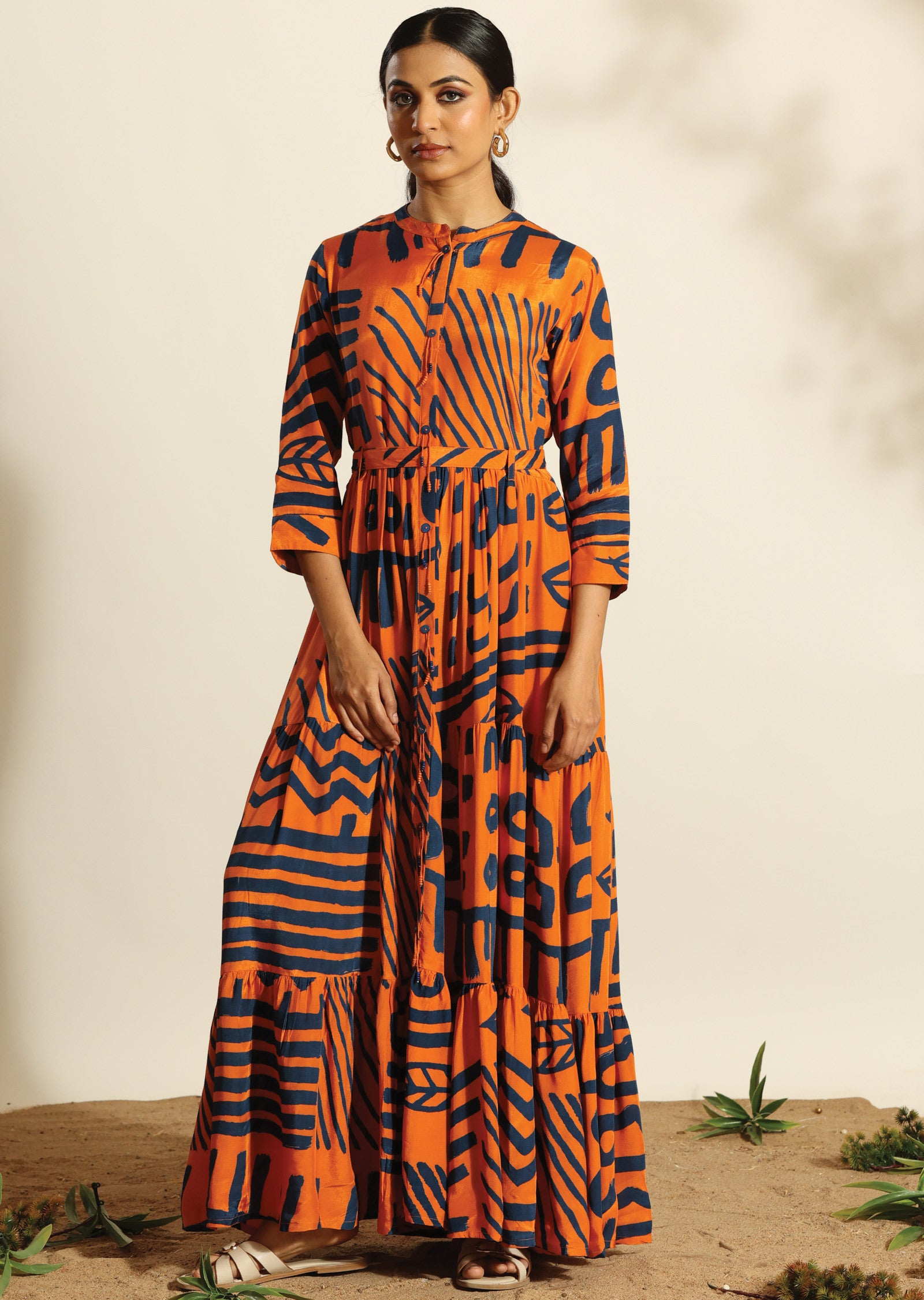Orange & Blue Russian Silk Long Dress